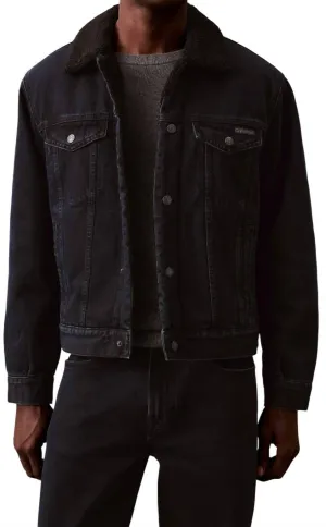 90S Sherpa Denim Trucker Jacket In Blue Black Stone