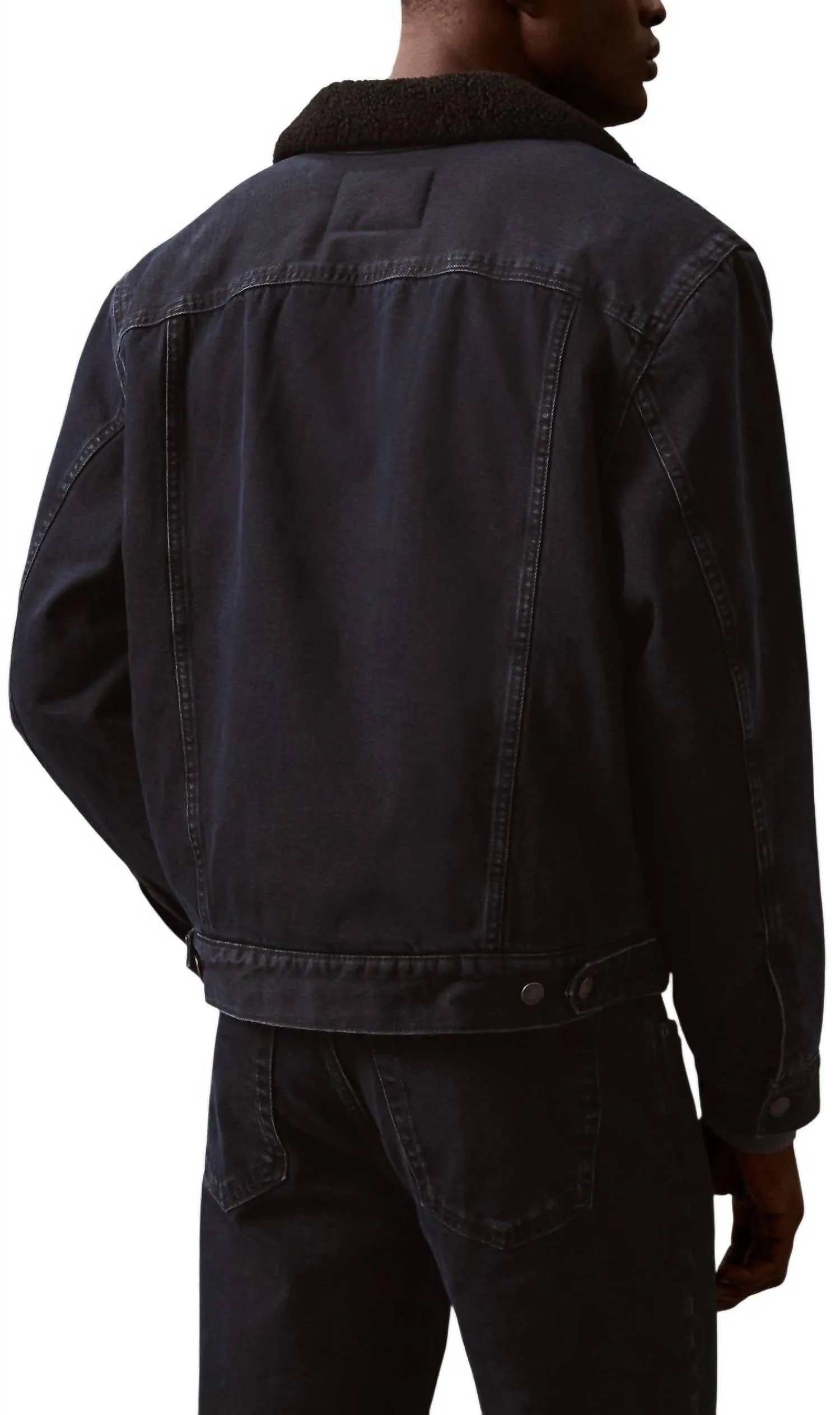 90S Sherpa Denim Trucker Jacket In Blue Black Stone