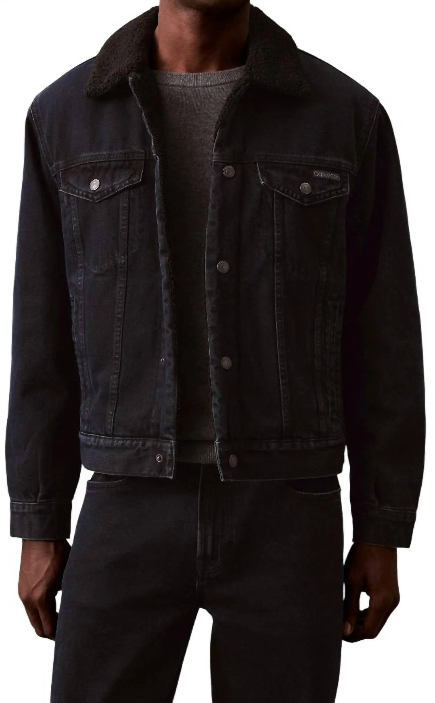 90S Sherpa Denim Trucker Jacket In Blue Black Stone
