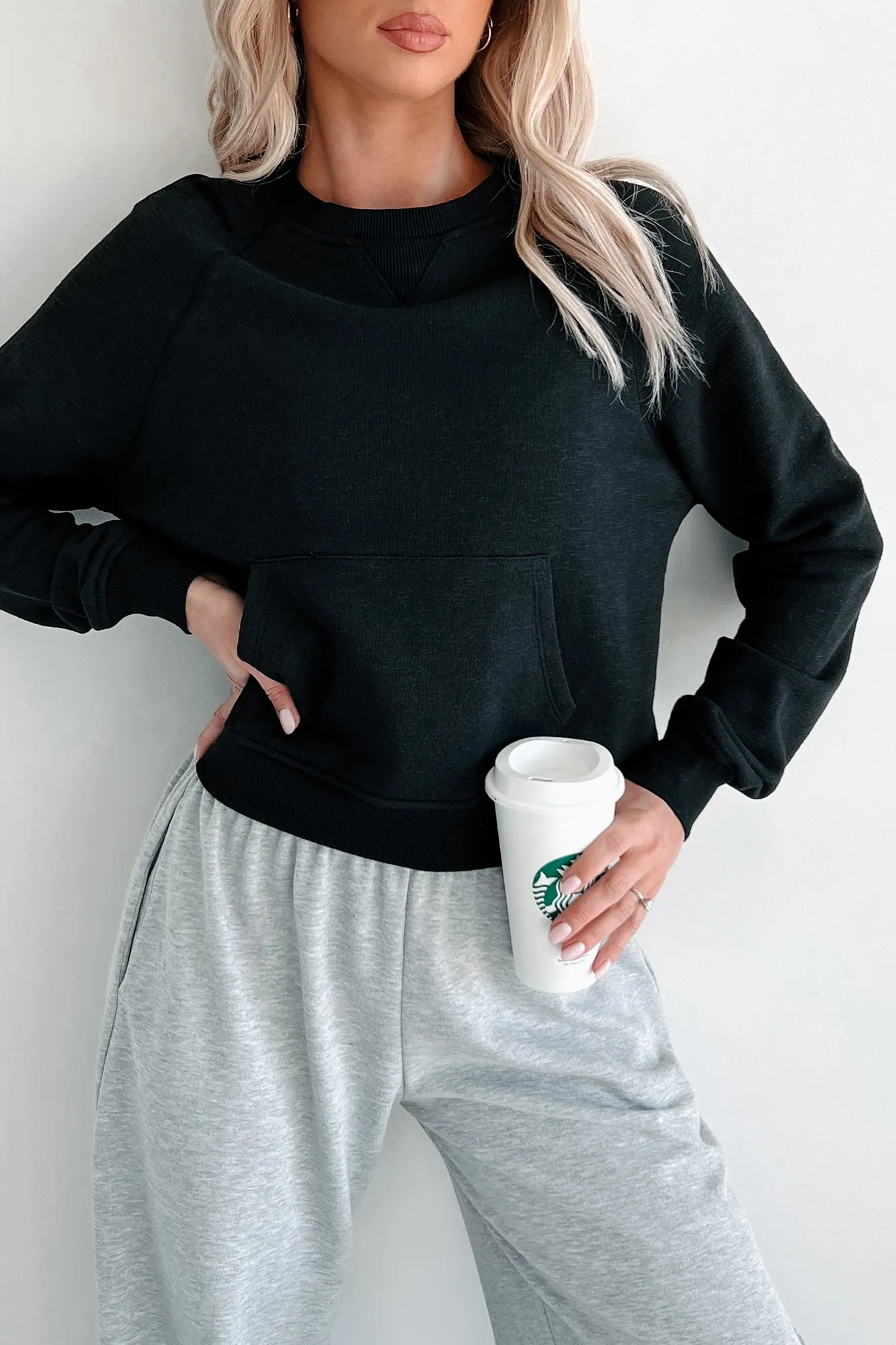 At Home Vibes Raglan Sleeve Pocket Sweatshirt (Black)