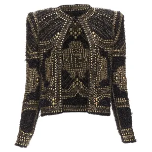 Balmain Gold Black Boucle Tweed Gold Studded Power Shoulder Jacket
