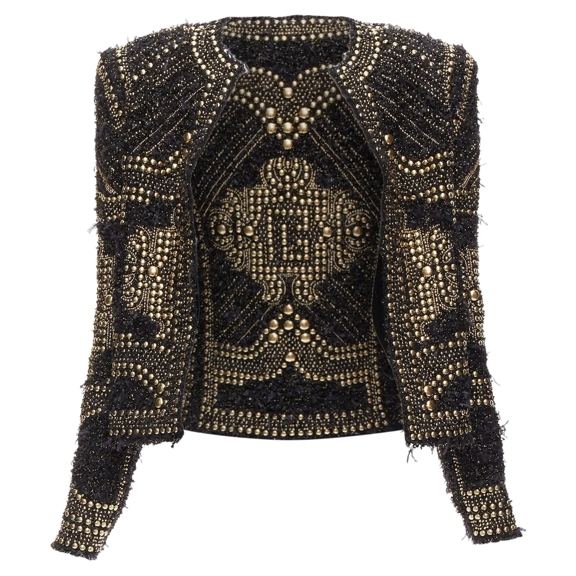Balmain Gold Black Boucle Tweed Gold Studded Power Shoulder Jacket