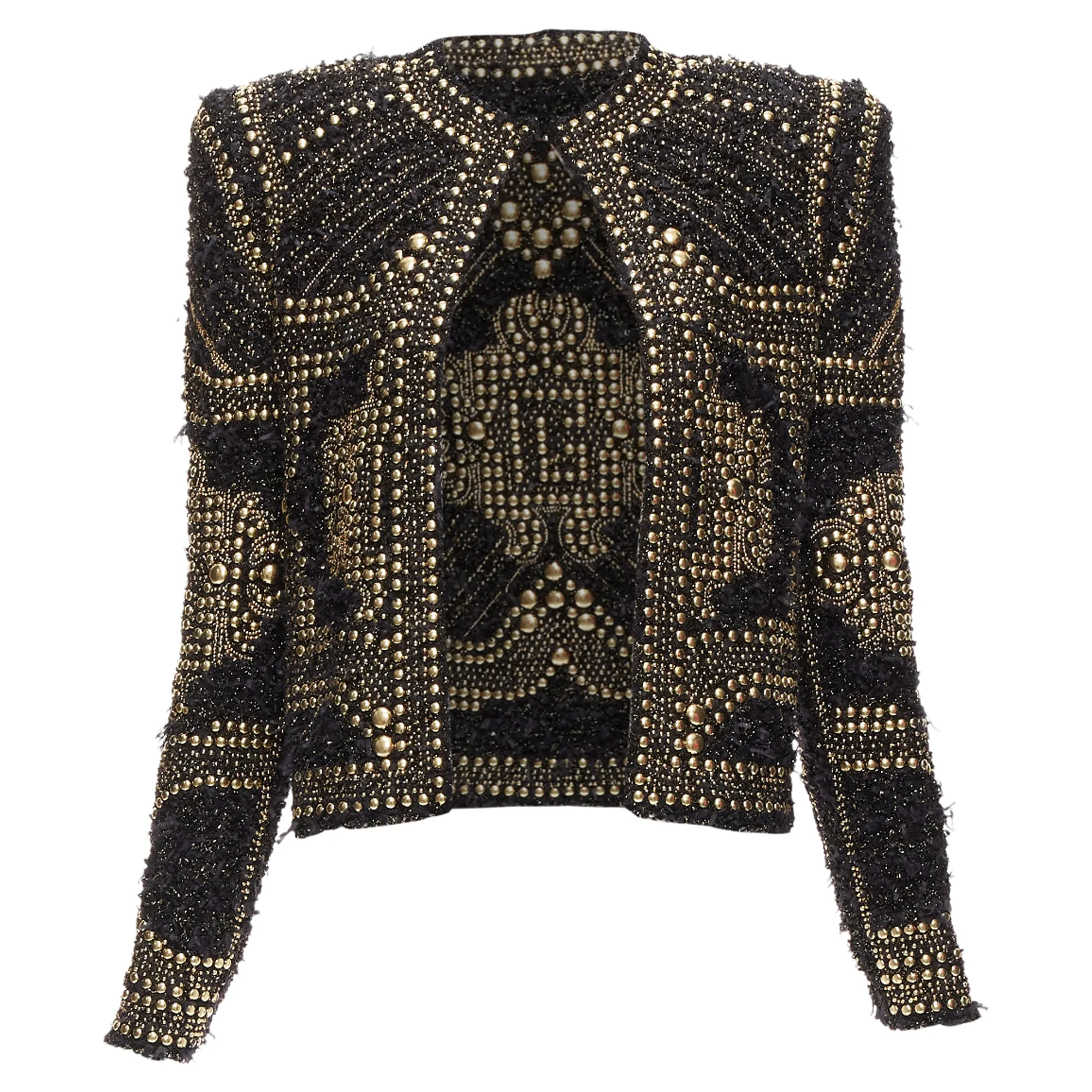 Balmain Gold Black Boucle Tweed Gold Studded Power Shoulder Jacket