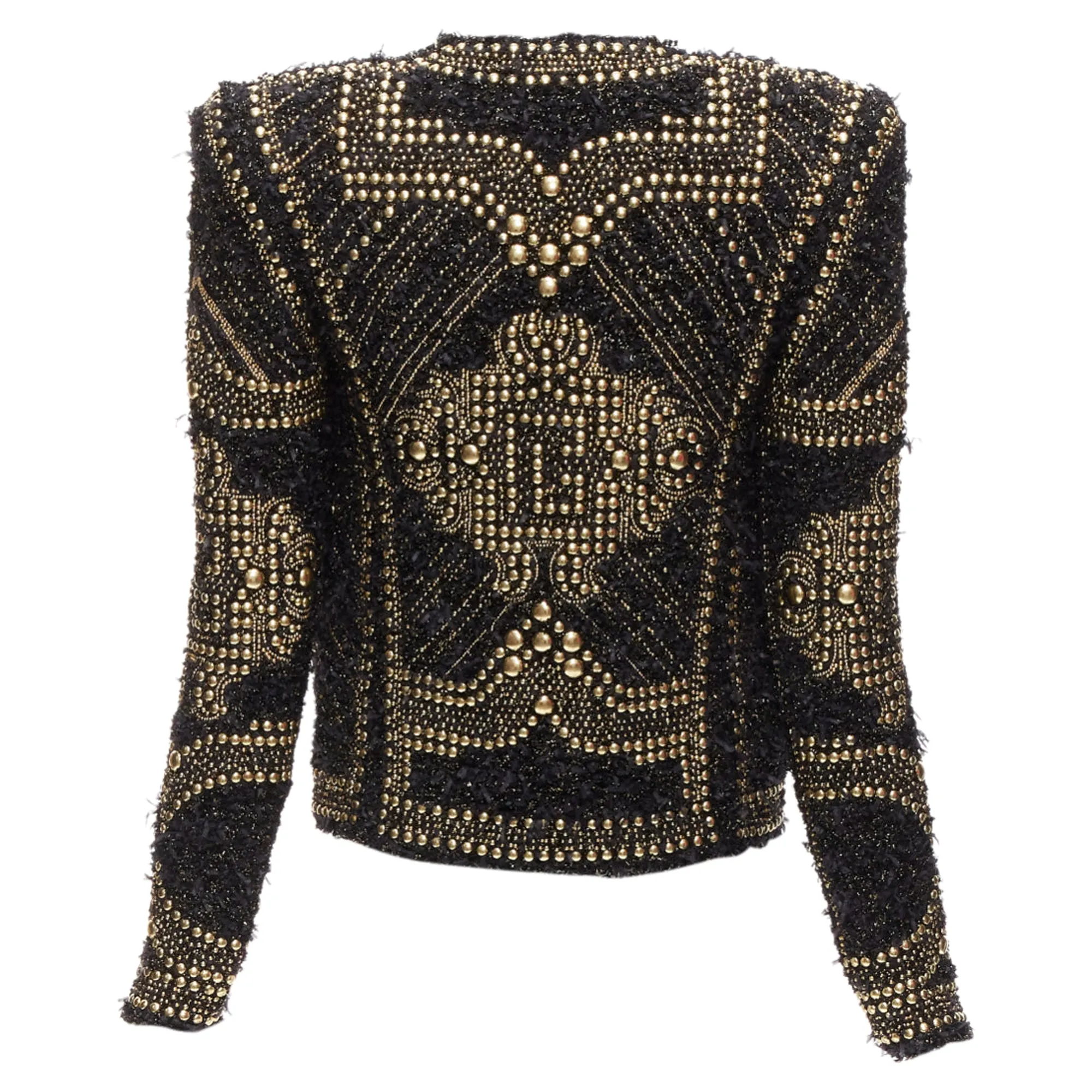 Balmain Gold Black Boucle Tweed Gold Studded Power Shoulder Jacket