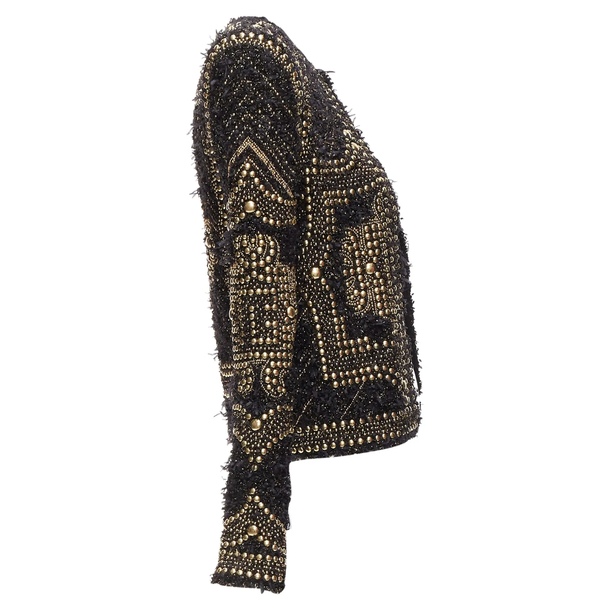Balmain Gold Black Boucle Tweed Gold Studded Power Shoulder Jacket
