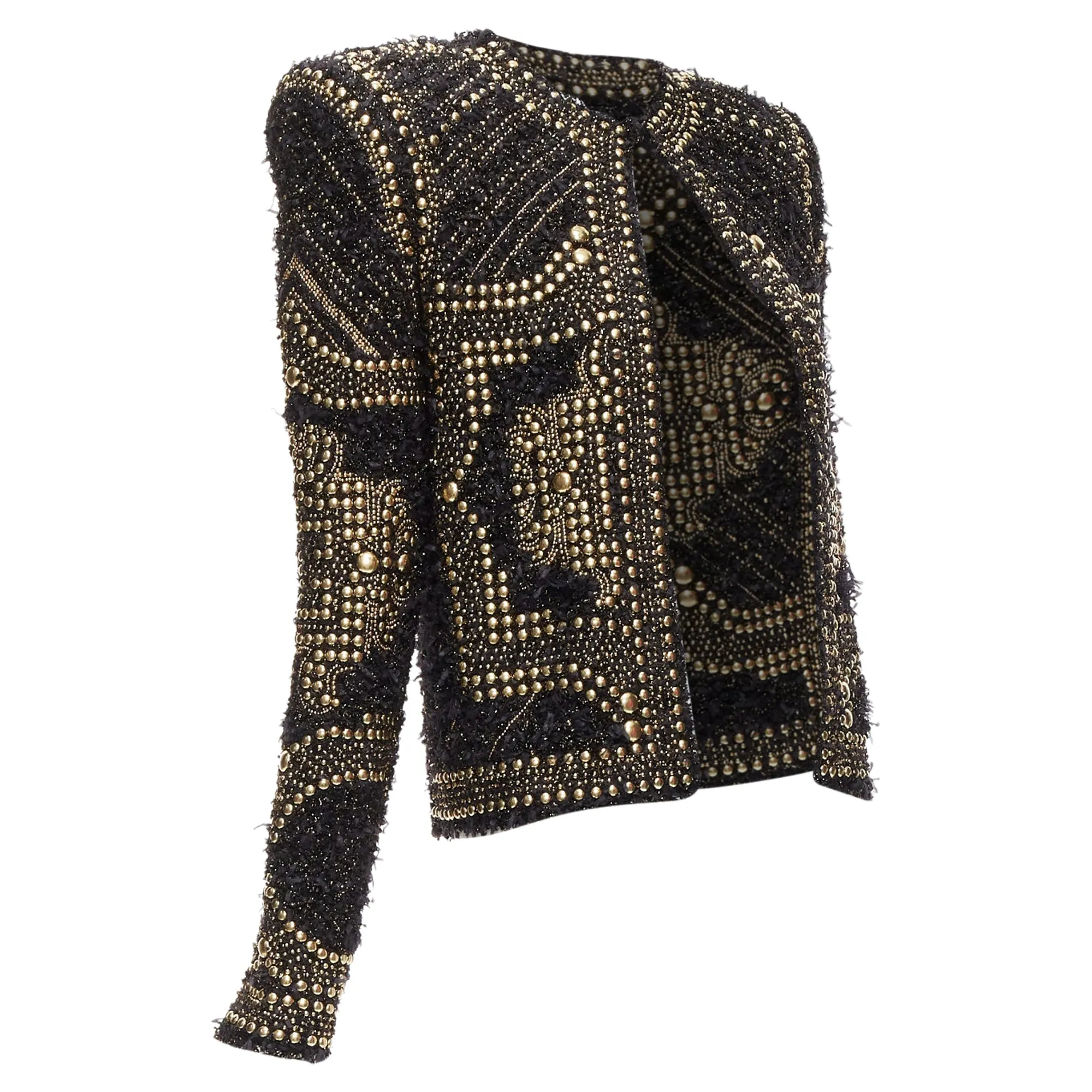 Balmain Gold Black Boucle Tweed Gold Studded Power Shoulder Jacket