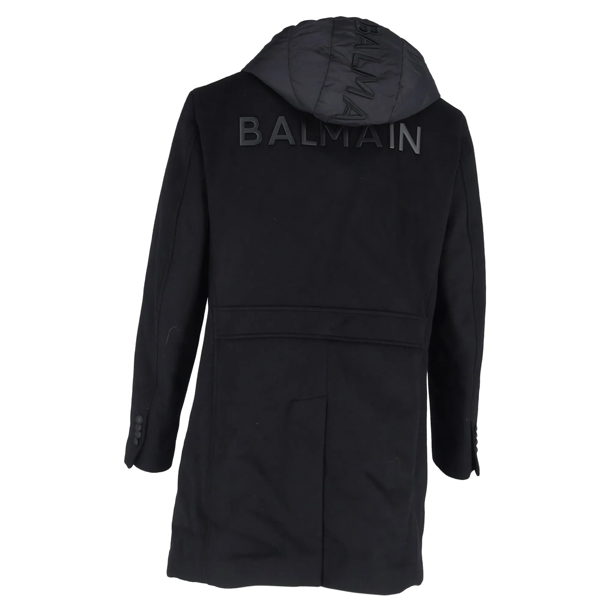 Balmain Hooded Double-Breasted Coat in Black Wool