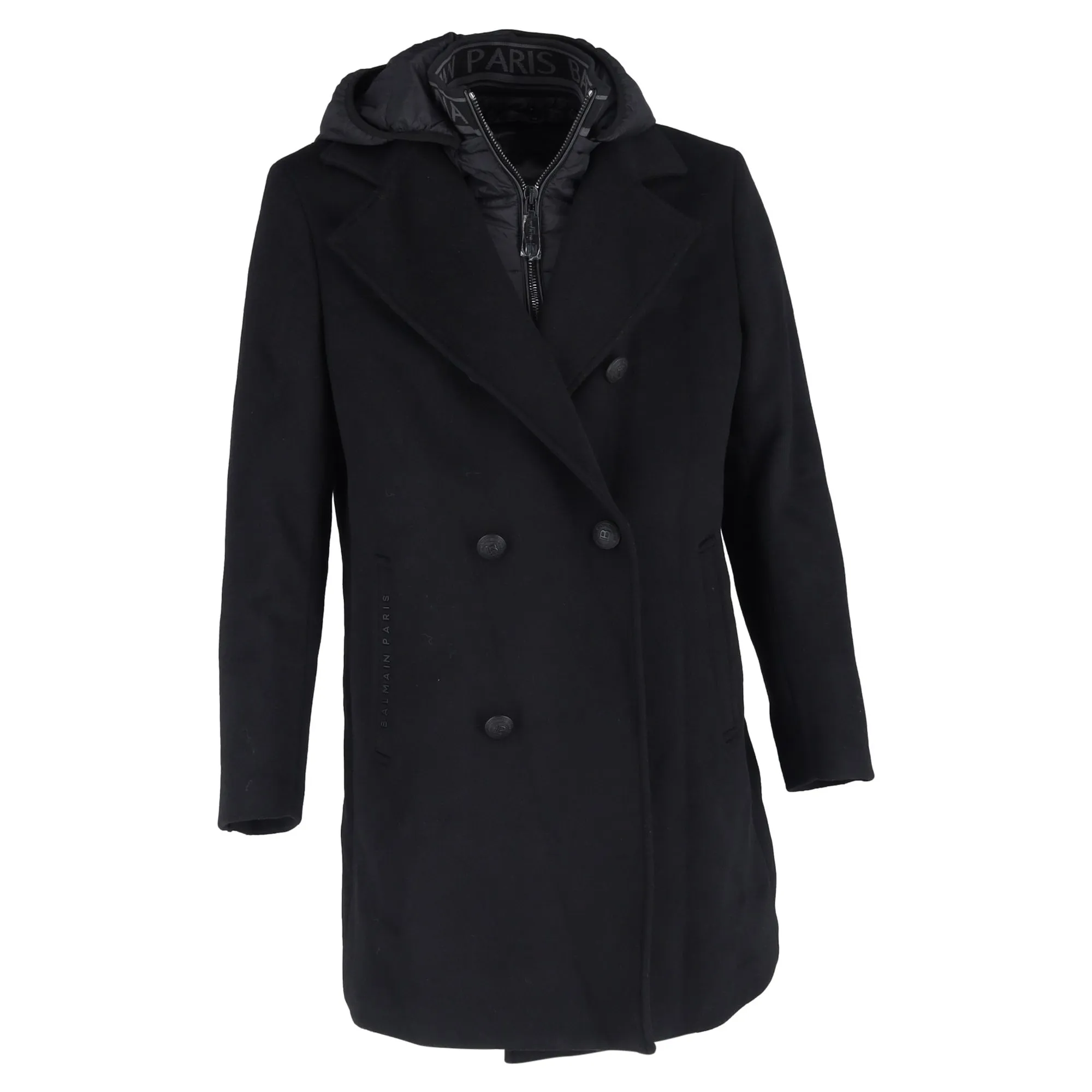 Balmain Hooded Double-Breasted Coat in Black Wool