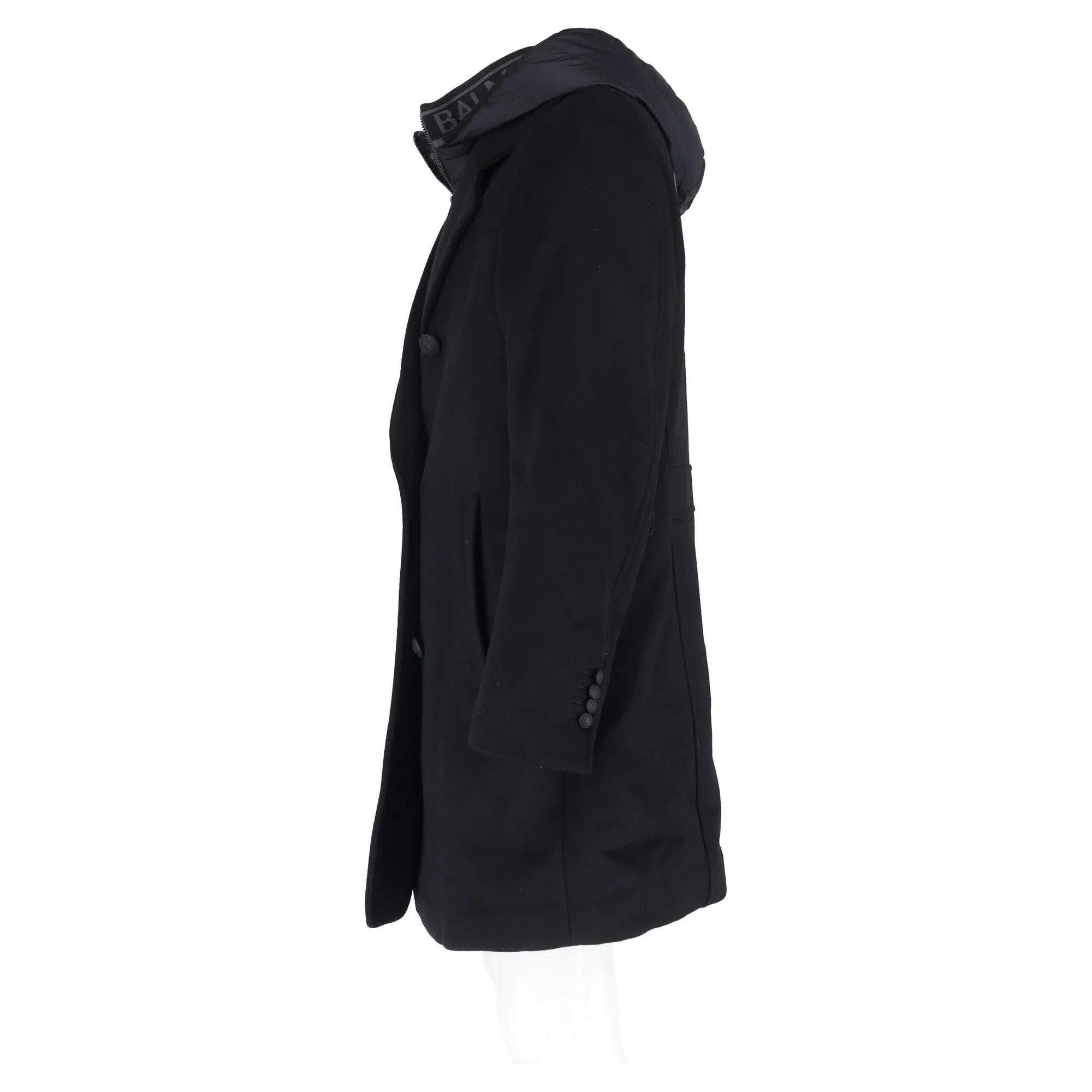 Balmain Hooded Double-Breasted Coat in Black Wool