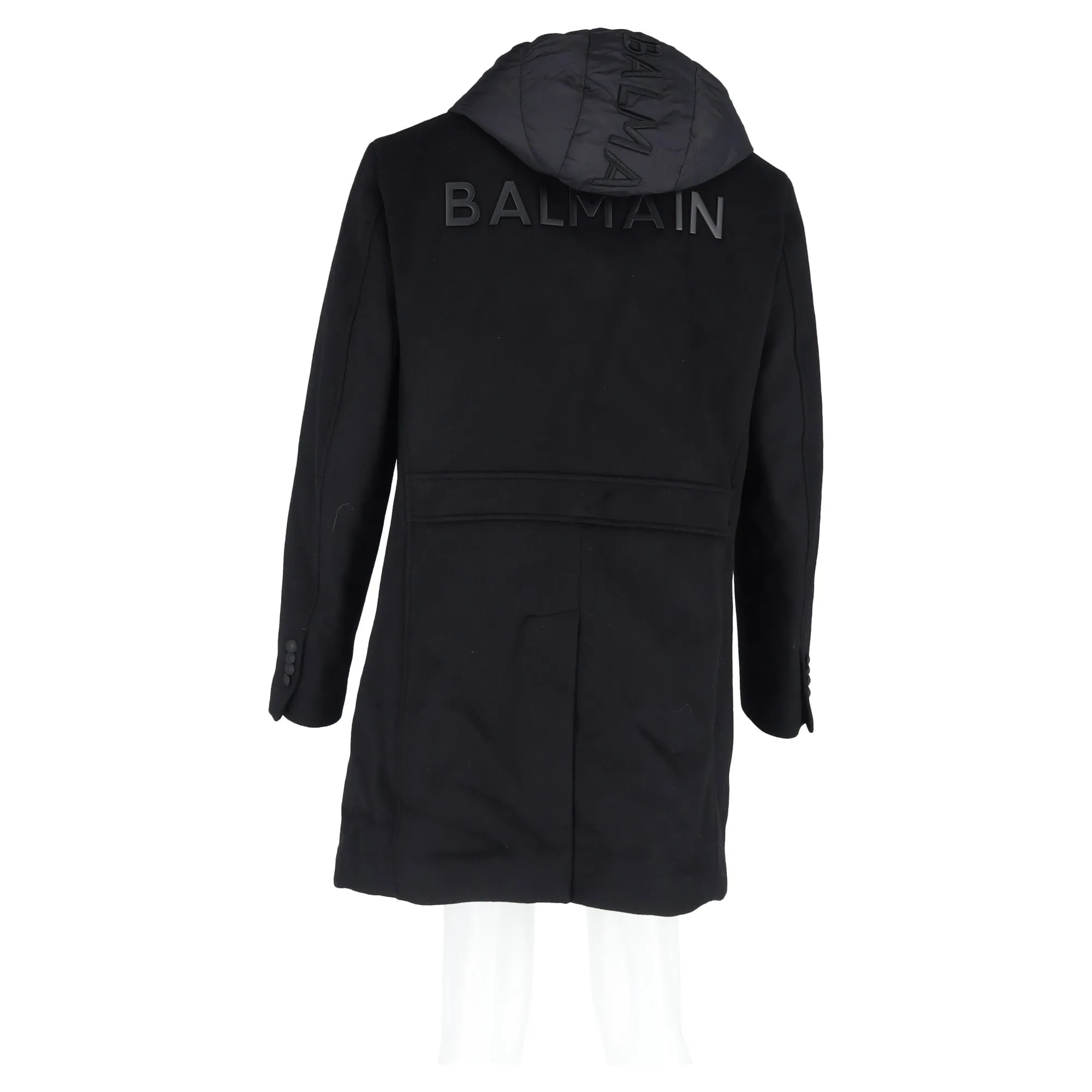 Balmain Hooded Double-Breasted Coat in Black Wool