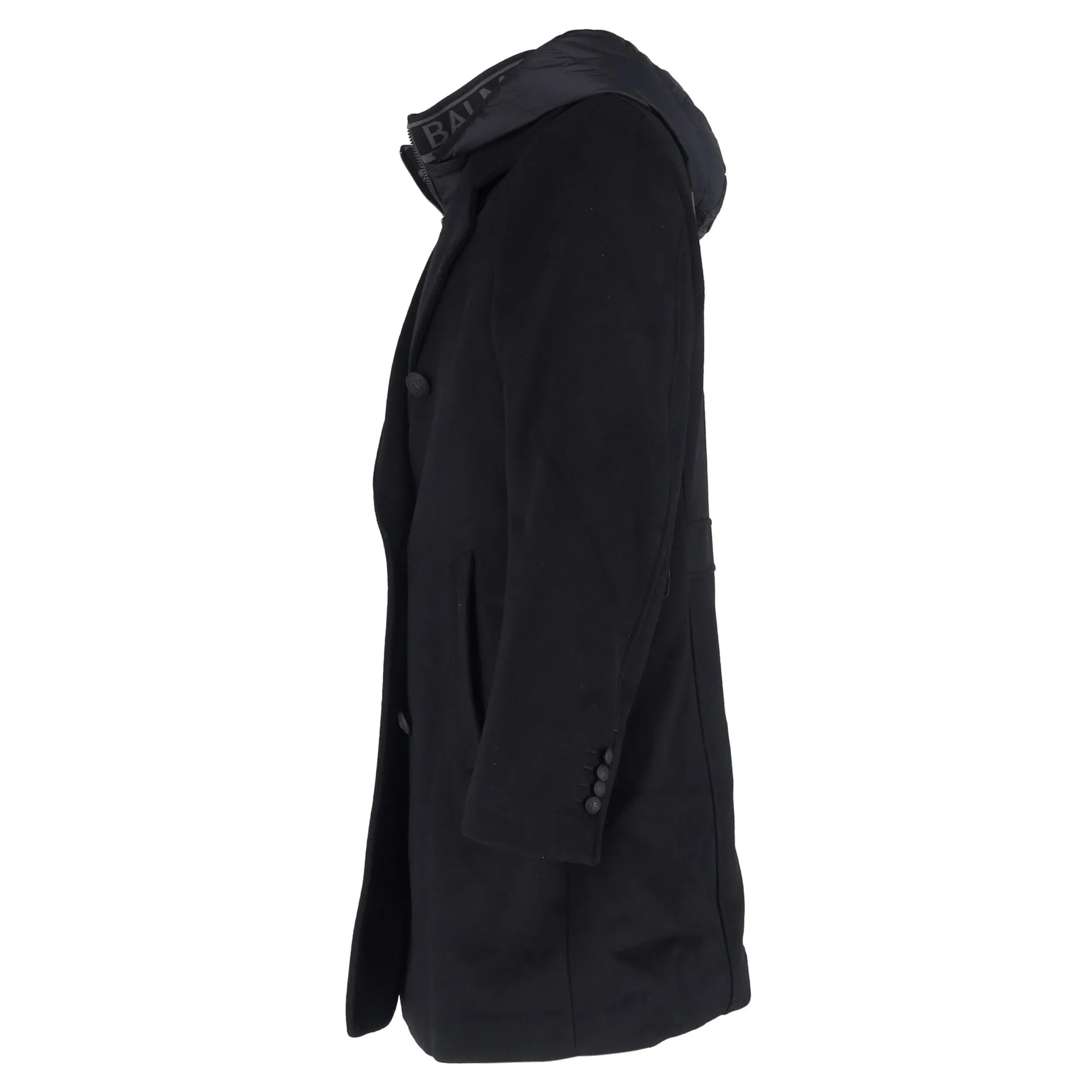 Balmain Hooded Double-Breasted Coat in Black Wool