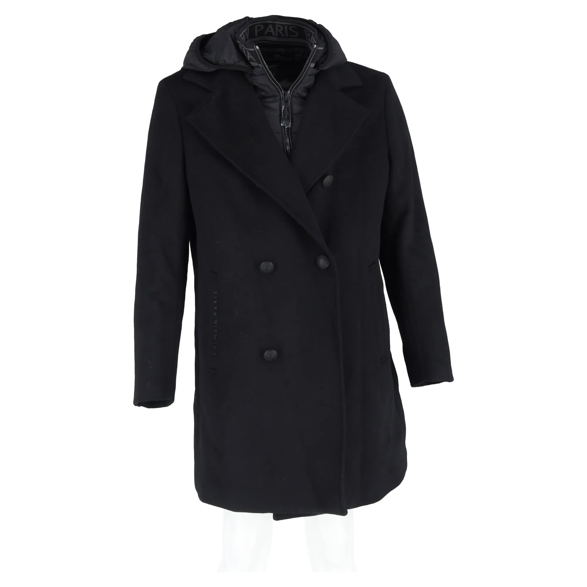 Balmain Hooded Double-Breasted Coat in Black Wool
