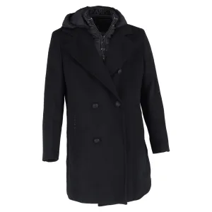 Balmain Hooded Double-Breasted Coat in Black Wool