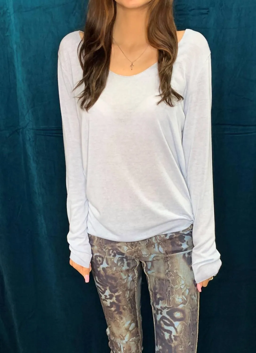 Basic Long Sleeve V Neck Tee In Sky Blue