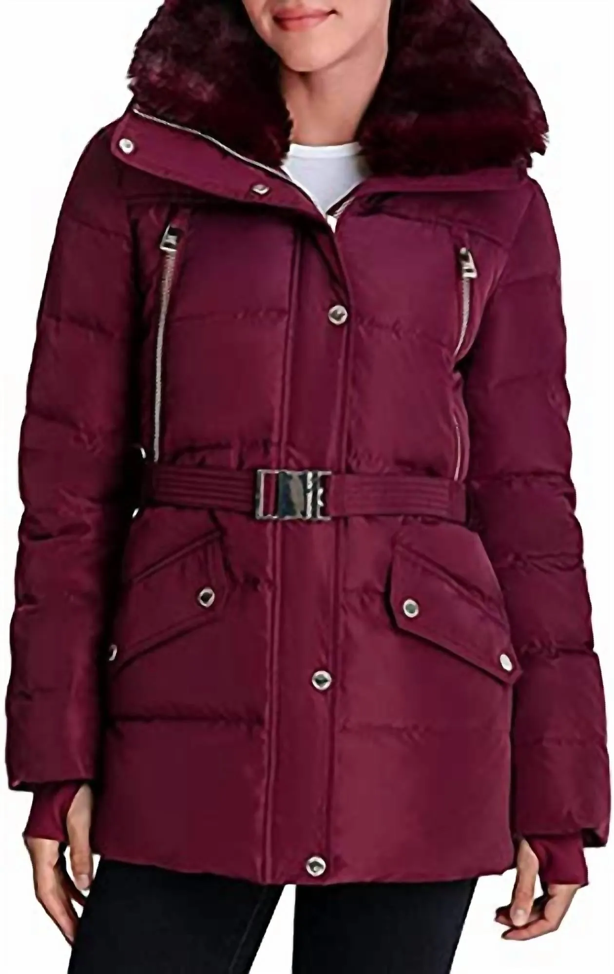Belted Down Quilted Jacket Coat In Dark Ruby