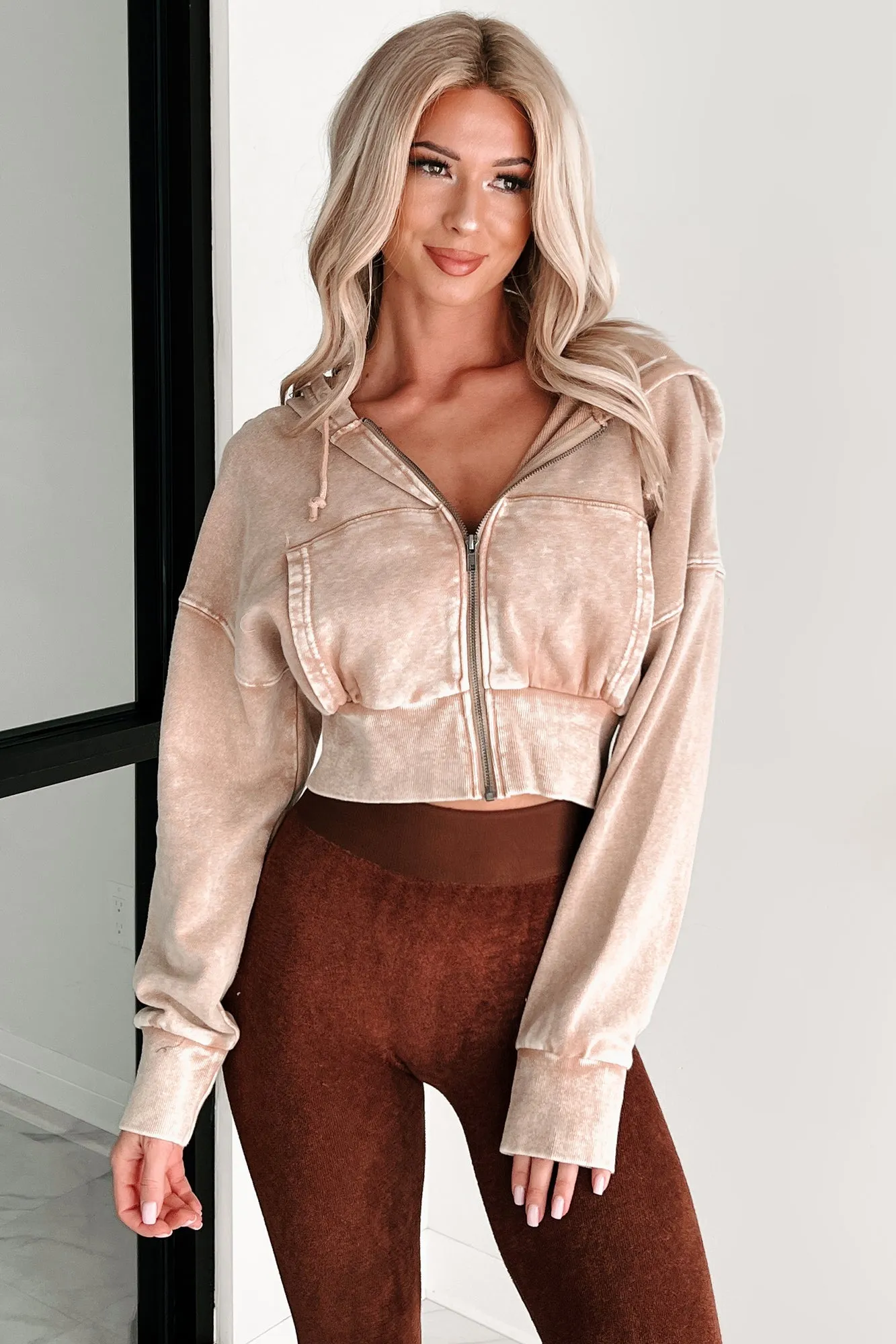 Bite The Dust Cropped Zip-Up Hoodie (Dark Taupe)