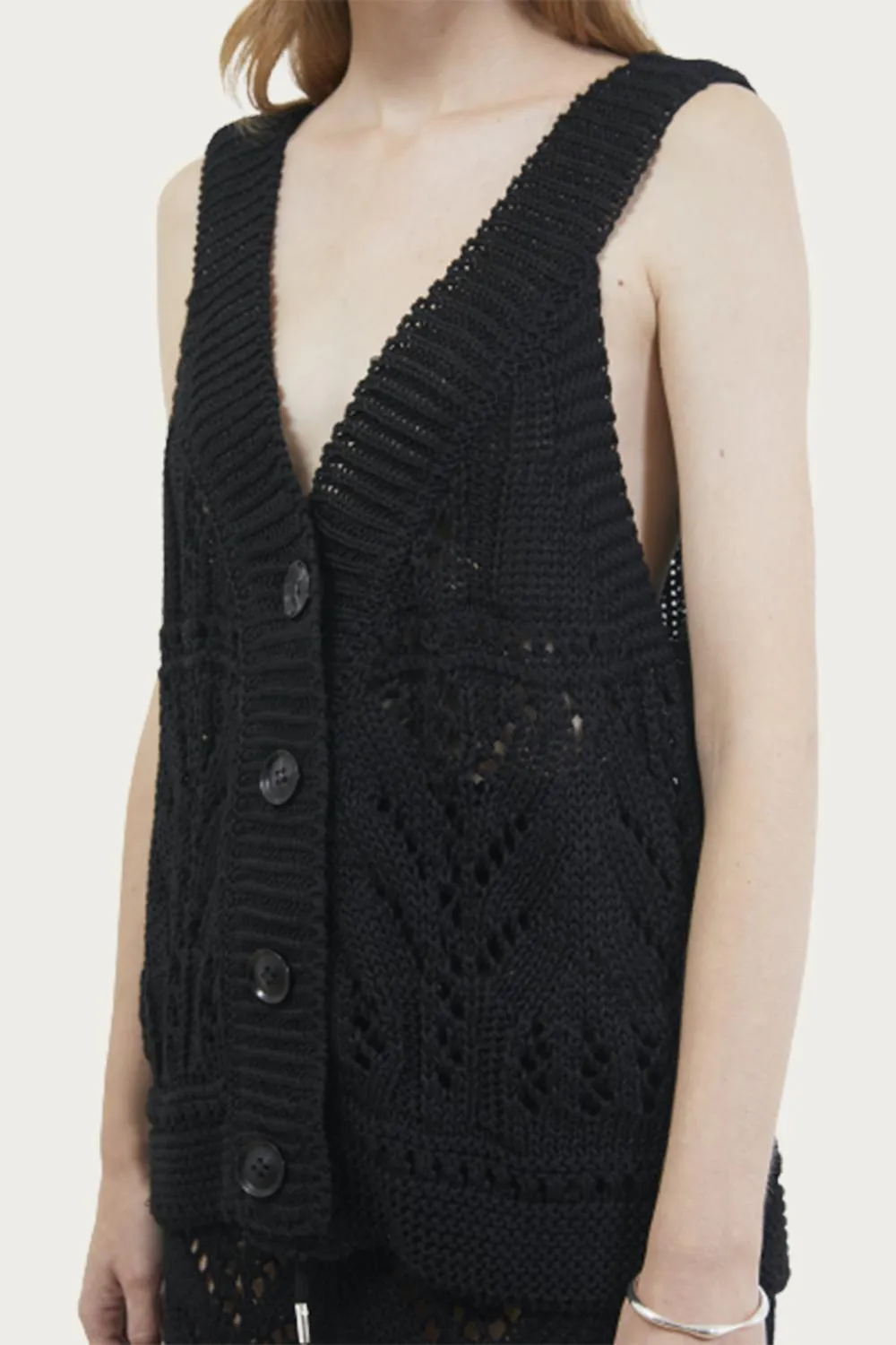 Buttoned Crochet Knit Vest In Black