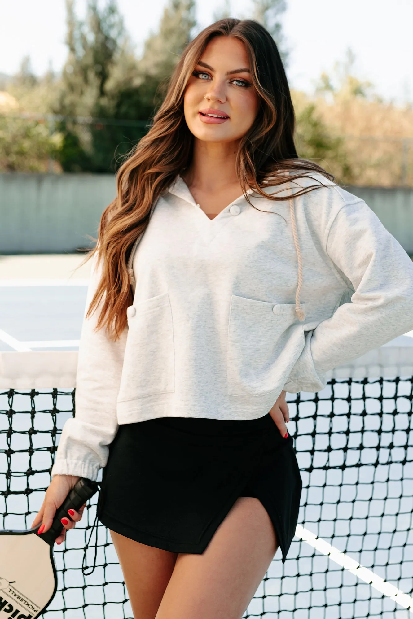 Cape Cod Cutie Buttoned Pocket Hoodie Top (Heather Grey)