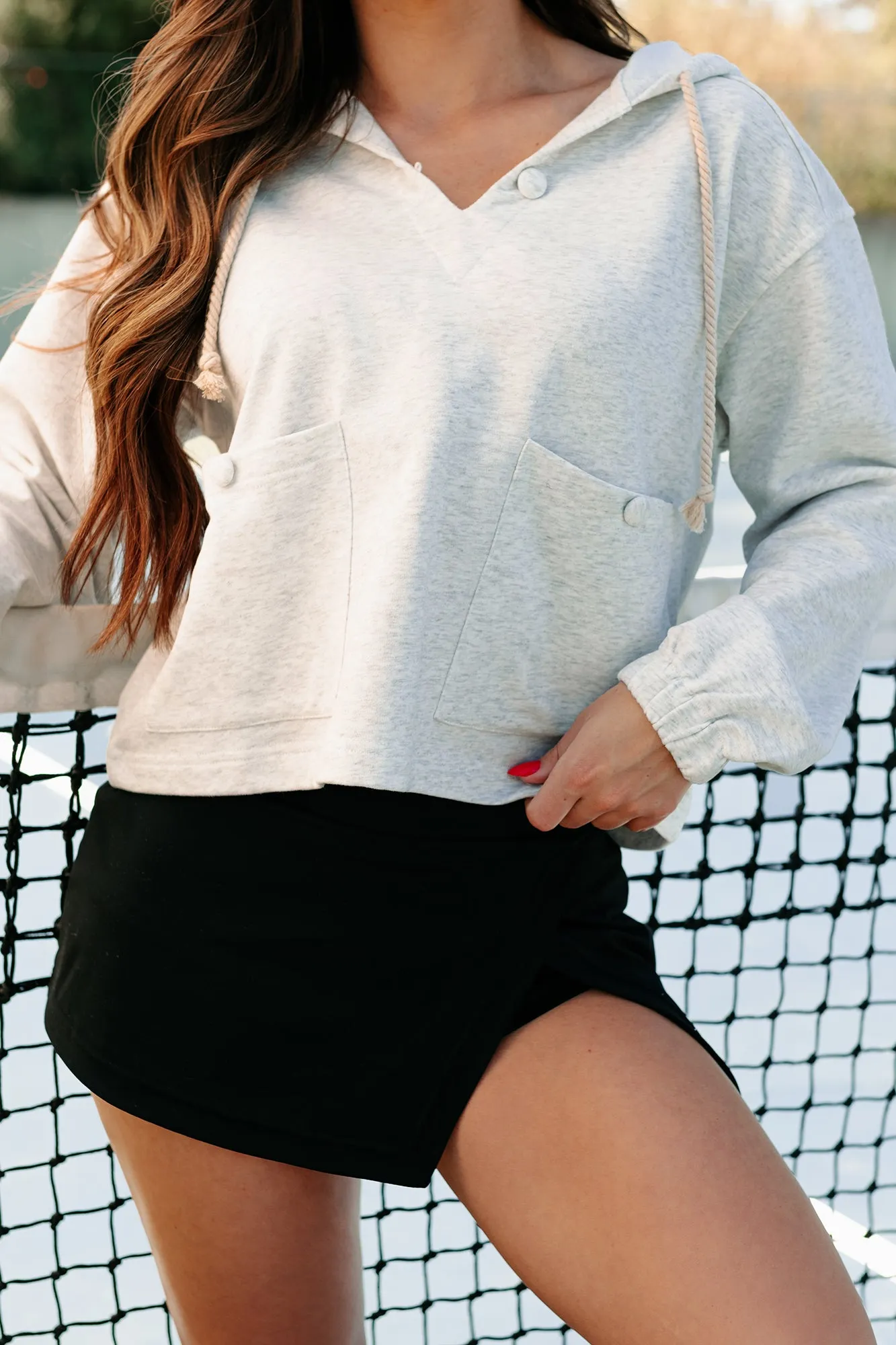 Cape Cod Cutie Buttoned Pocket Hoodie Top (Heather Grey)