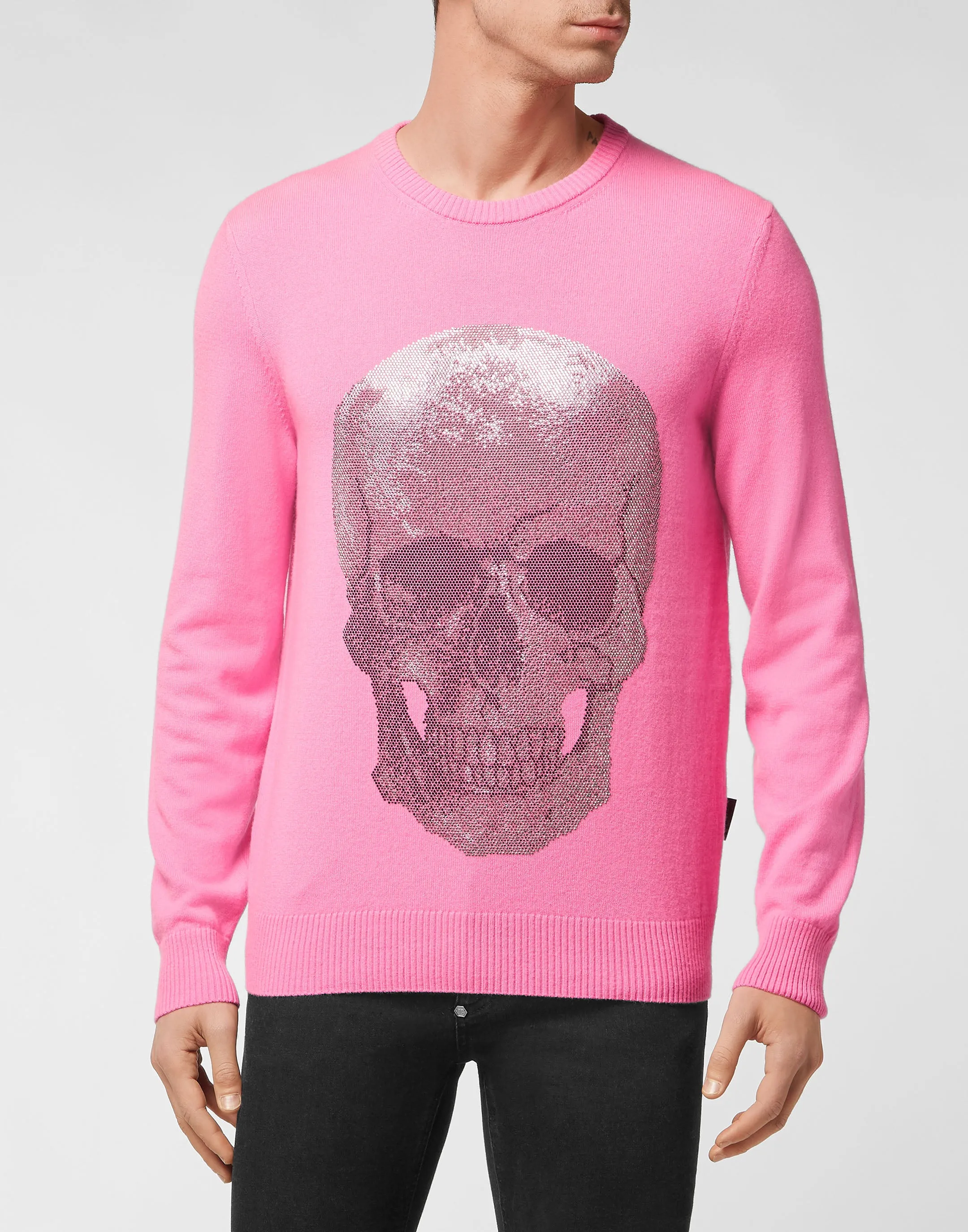 Cashmere Pullover Round Neck LS Iconic Plein with Crystals