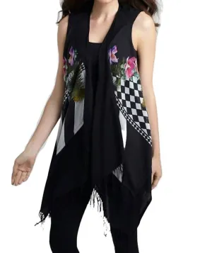 Checkerboard Floral Long Vest In Black Multi
