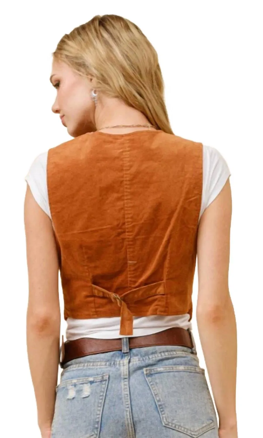 Corduroy Crop Studded Vest In Gingerbread