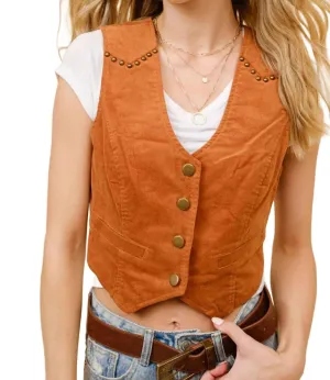 Corduroy Crop Studded Vest In Gingerbread