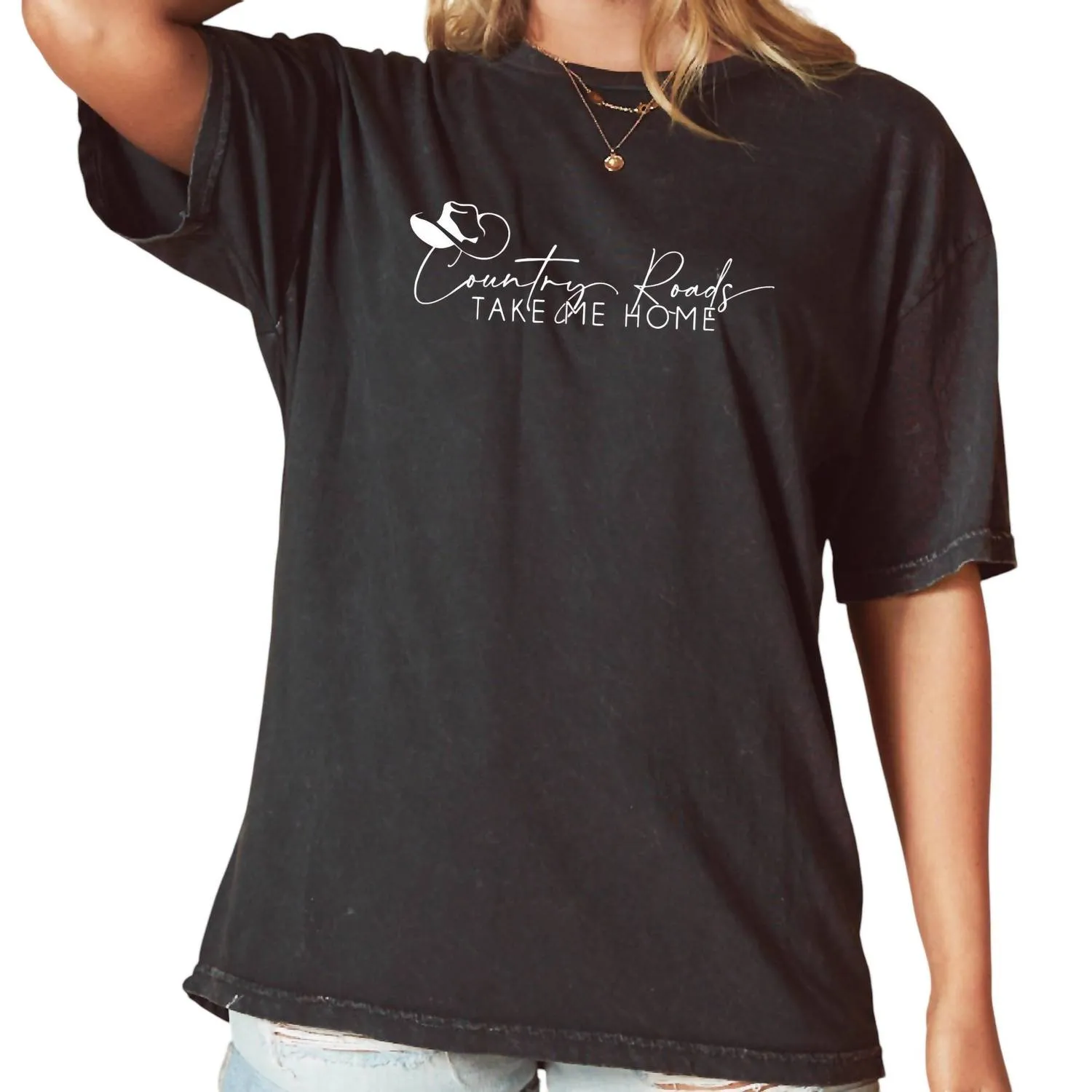 Country Roads Oversized Mineral Washed Graphic Top In Black