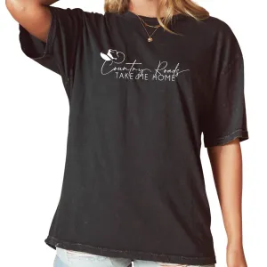 Country Roads Oversized Mineral Washed Graphic Top In Black
