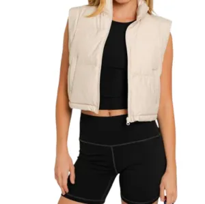 Cropped Puffer Zip Up Vest In Sand