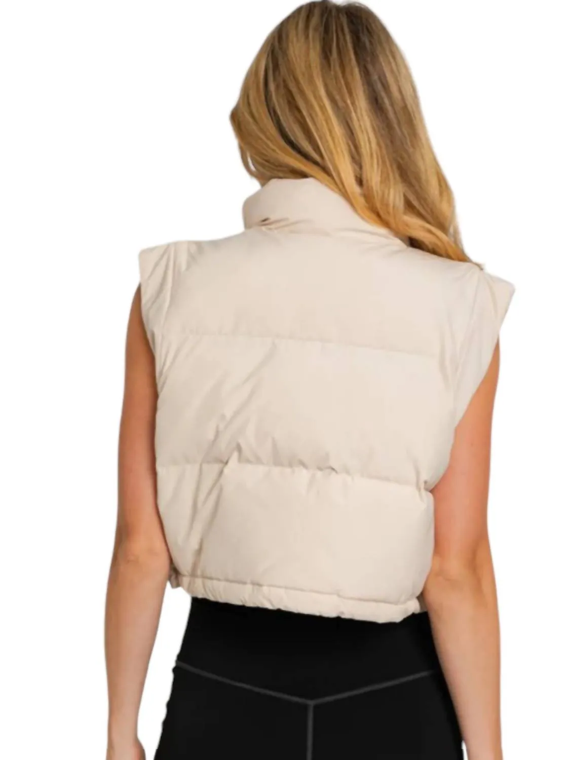 Cropped Puffer Zip Up Vest In Sand