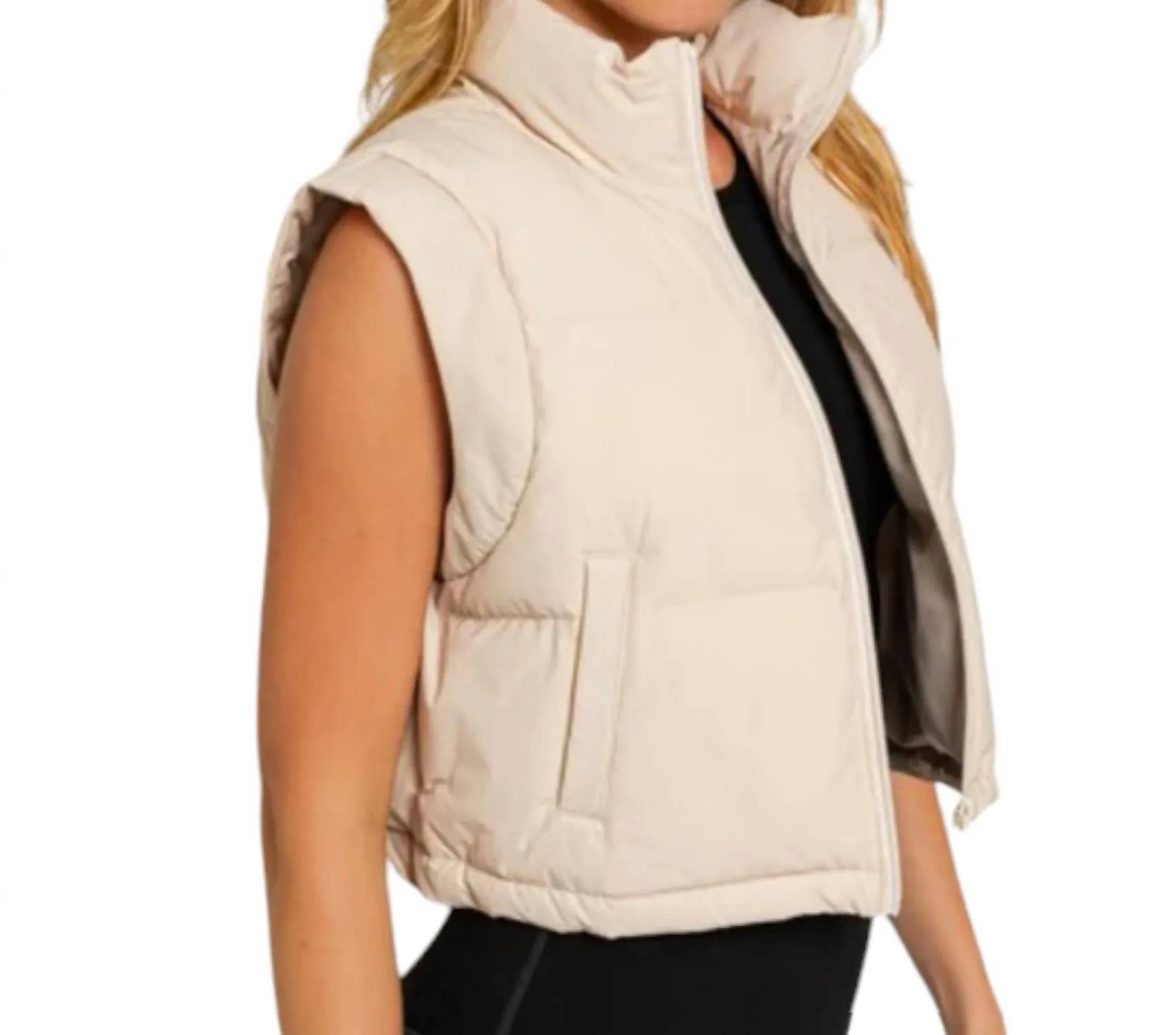 Cropped Puffer Zip Up Vest In Sand