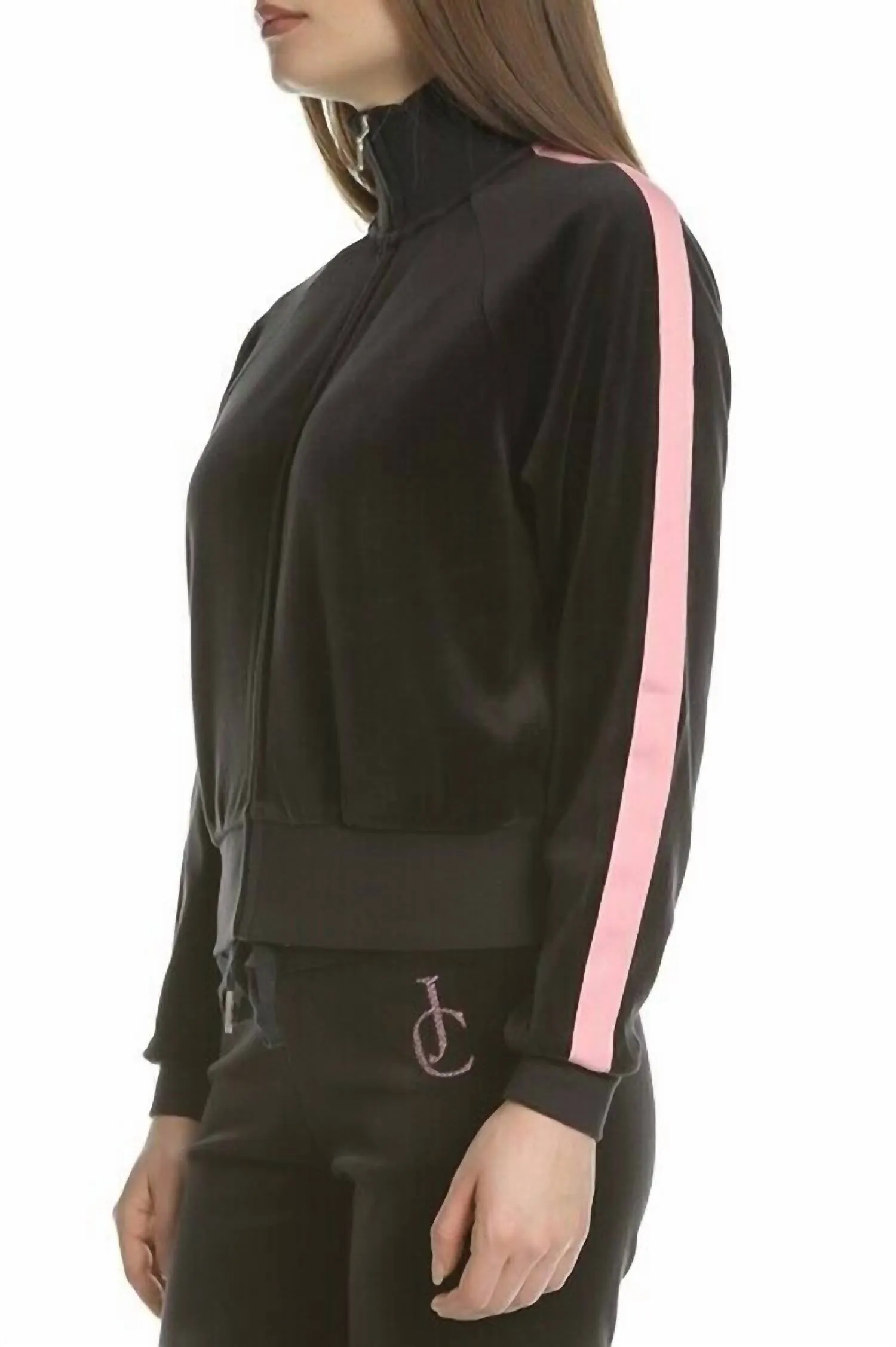 Crystal Embroidered Crop Zip Up Track Jacket In Black