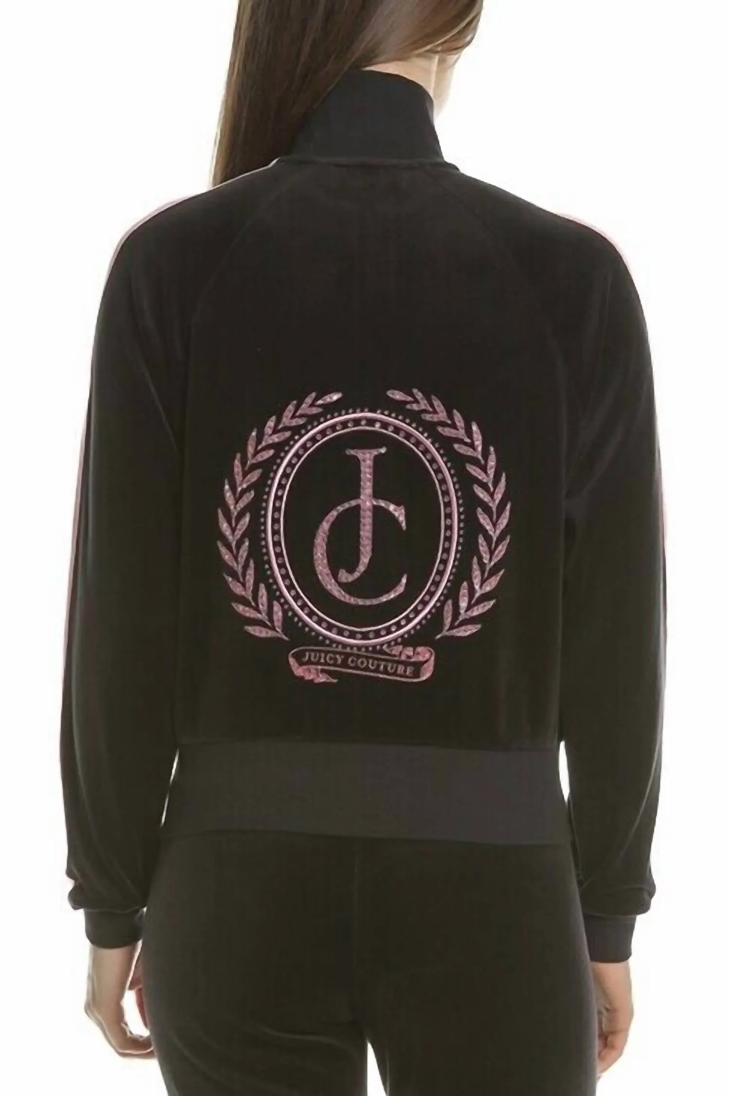 Crystal Embroidered Crop Zip Up Track Jacket In Black