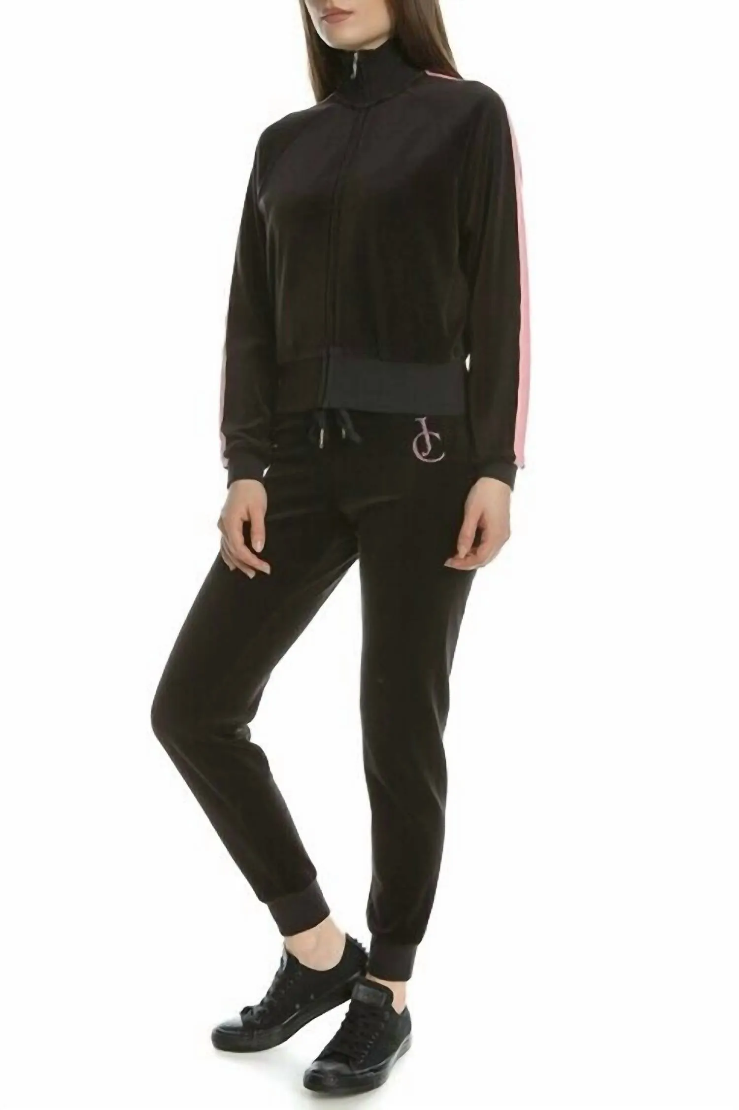 Crystal Embroidered Crop Zip Up Track Jacket In Black