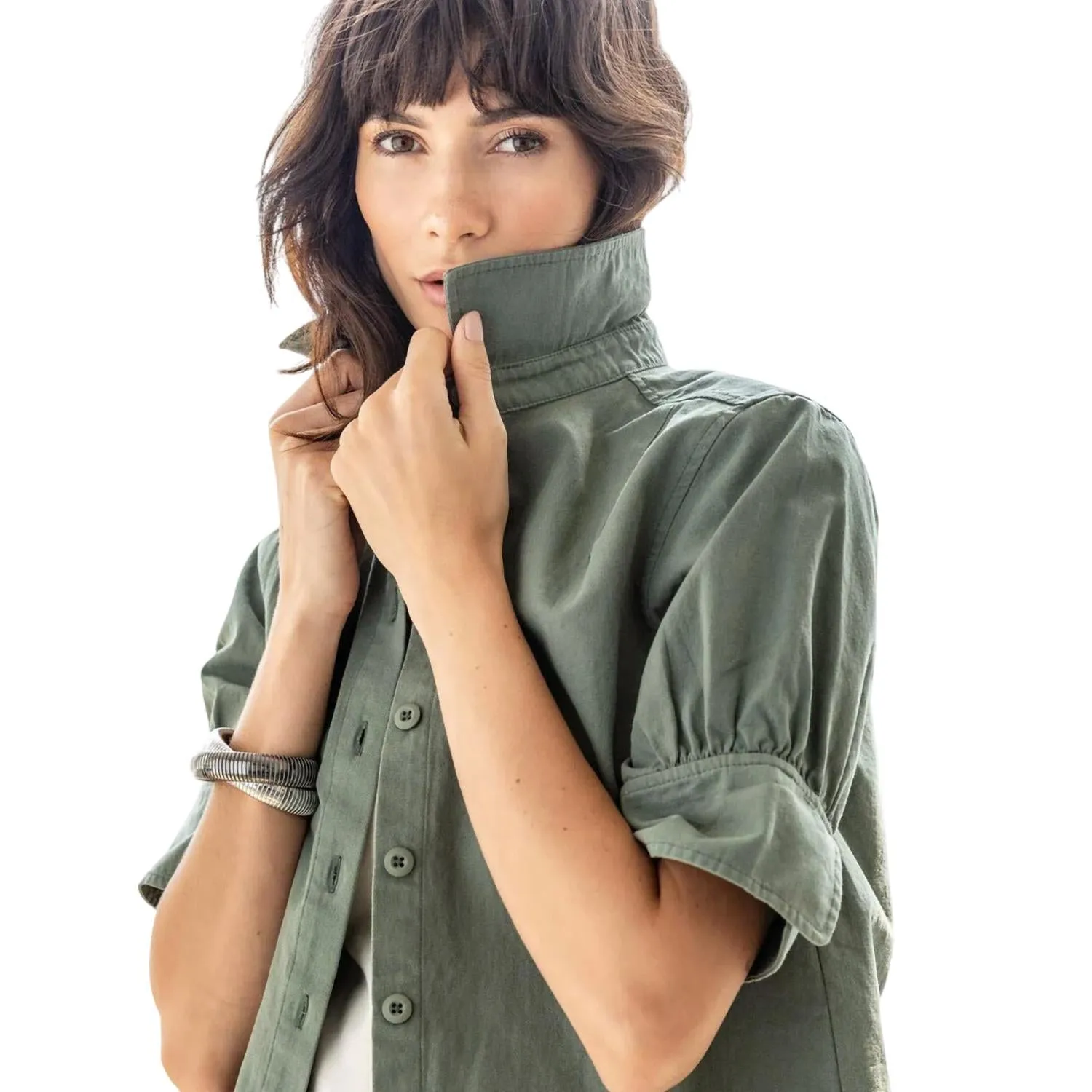 Cuff Sleeve Shirt Jacket In Seagrass