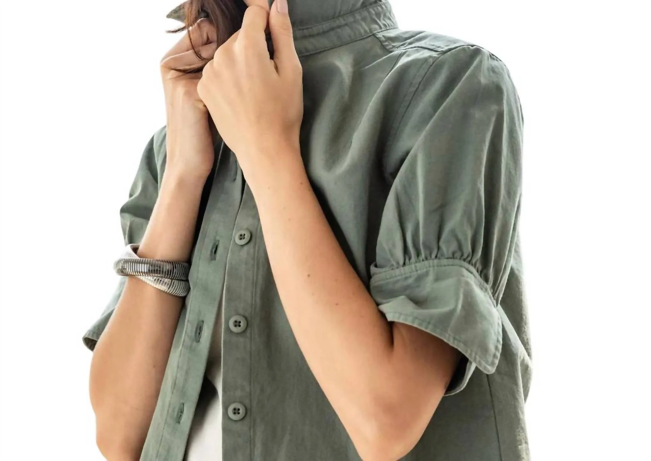 Cuff Sleeve Shirt Jacket In Seagrass