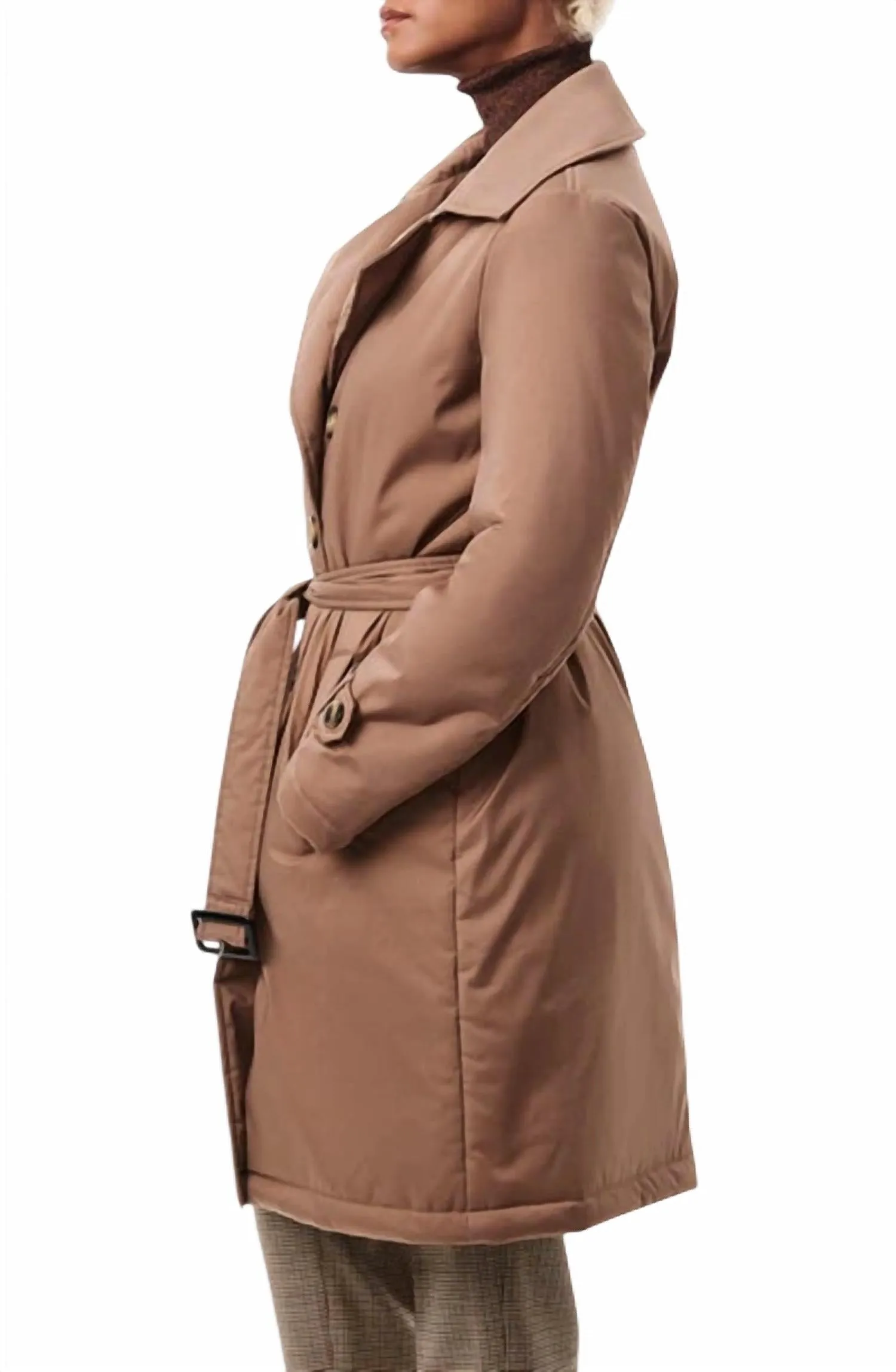 Effortless Belted Puffer Coat In Tan