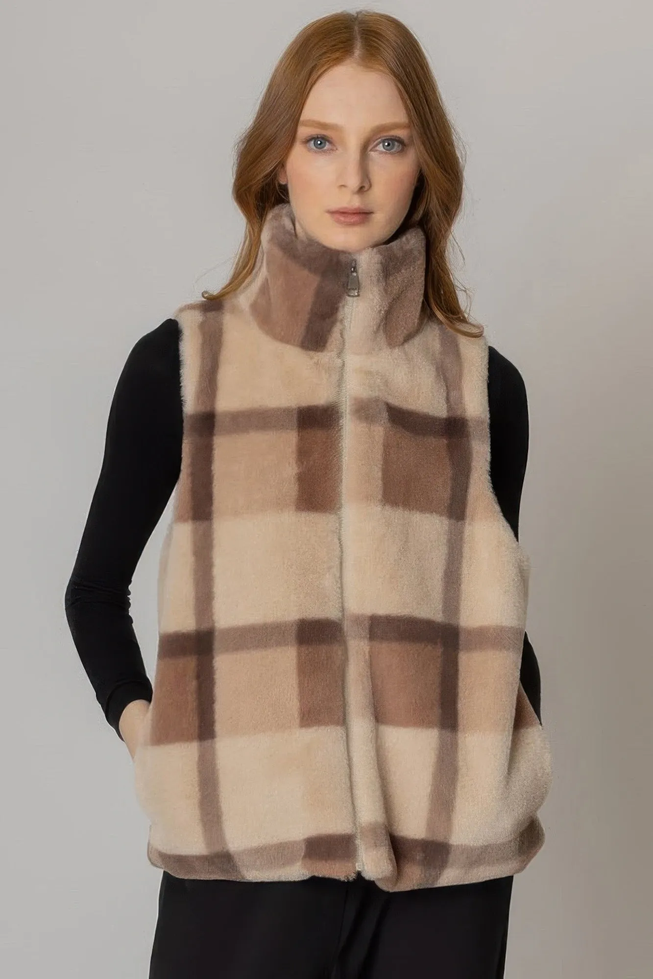 FASHNZFAB Plaid Faux Fur Vest