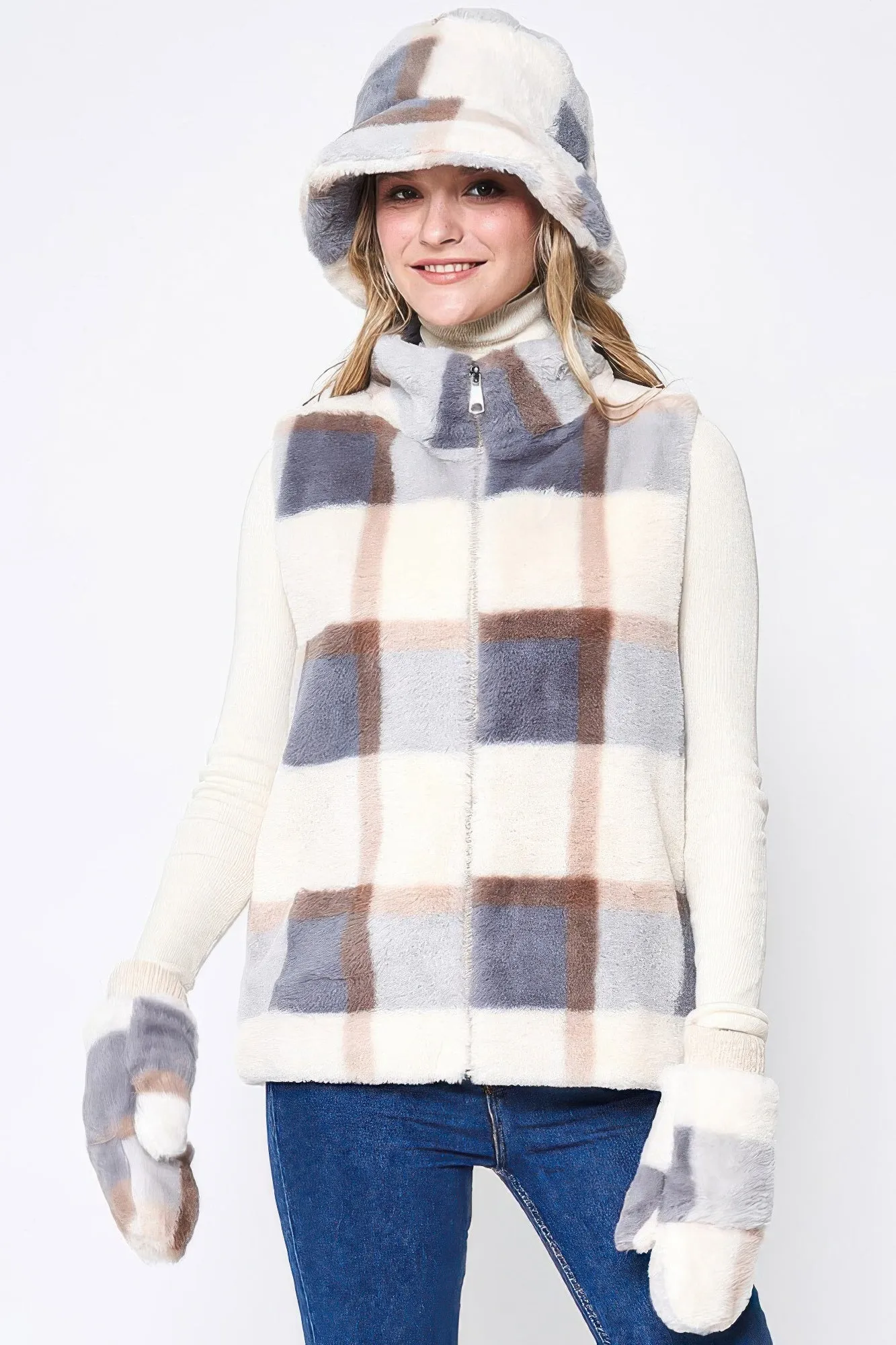 FASHNZFAB Plaid Faux Fur Vest