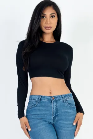 FASHNZFAB Women's Crew Neck Long Sleeve Cropped Top