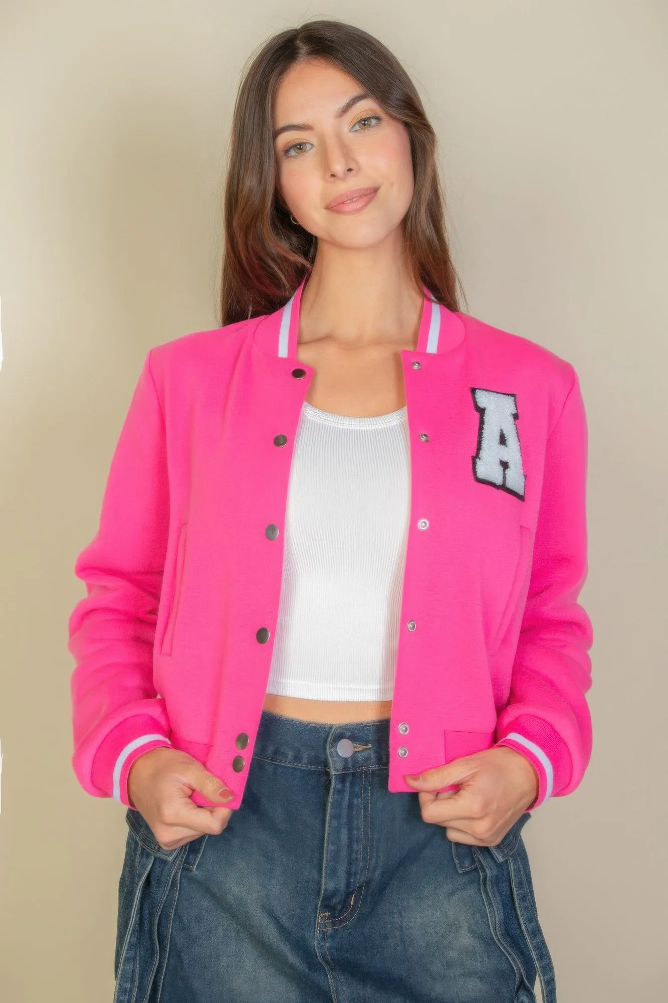 FASHNZFAB Women's Ezwear Letter Patched Crop Varsity Jacket