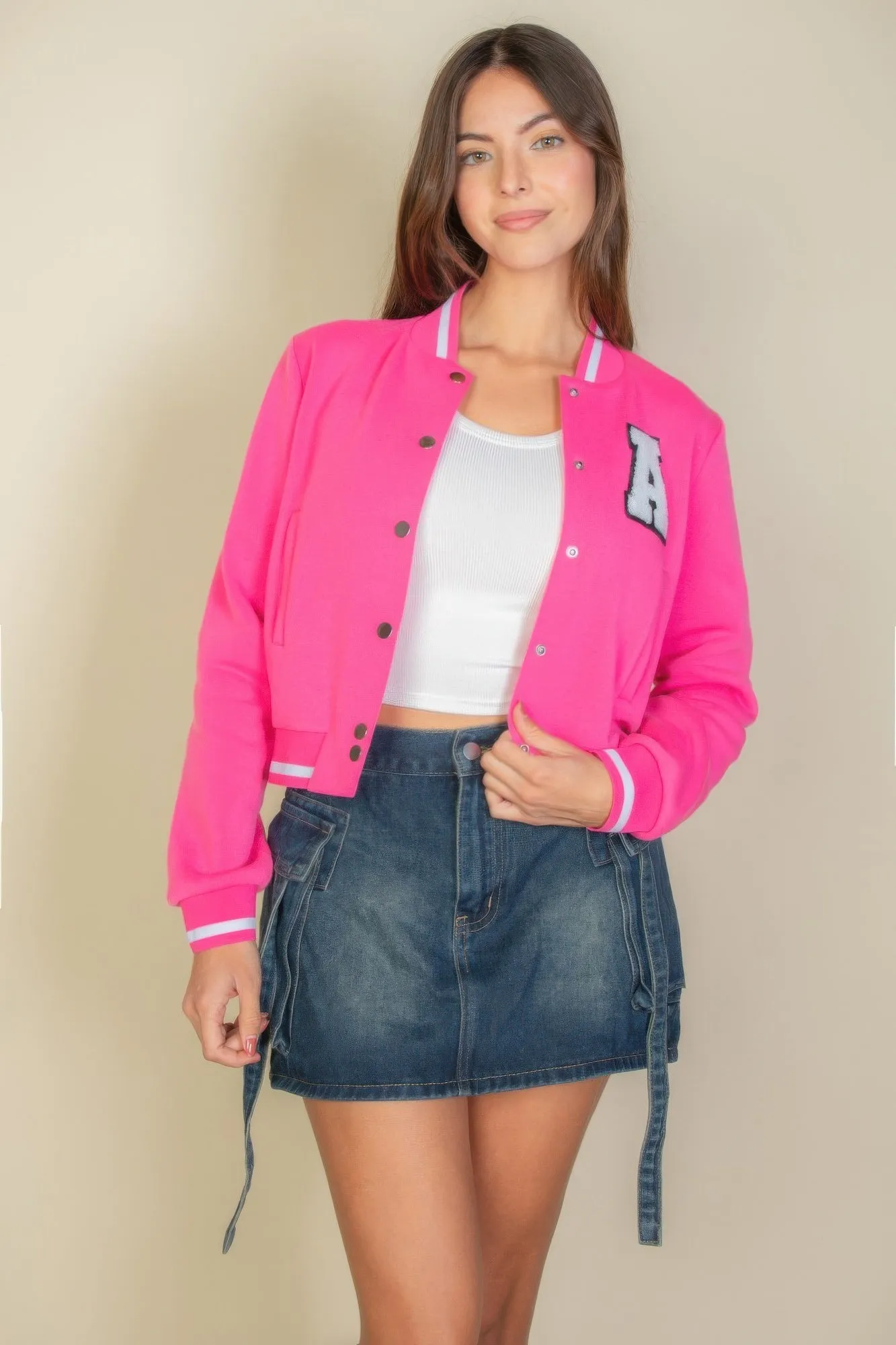 FASHNZFAB Women's Ezwear Letter Patched Crop Varsity Jacket