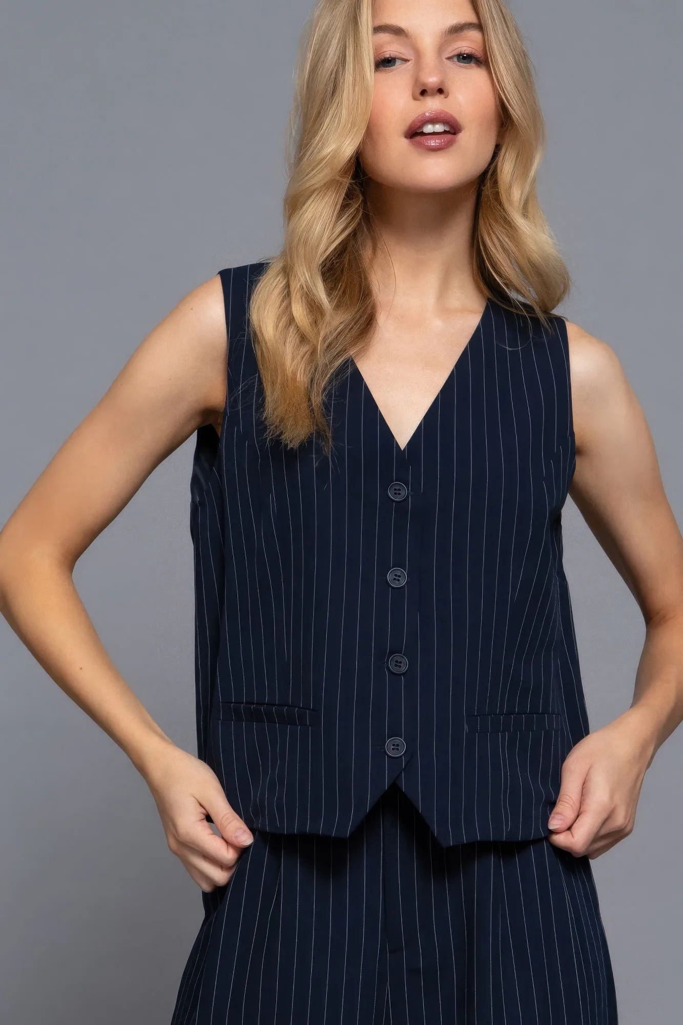 FASHNZFAB Women's V-neckline Pin Stripe Woven Vest
