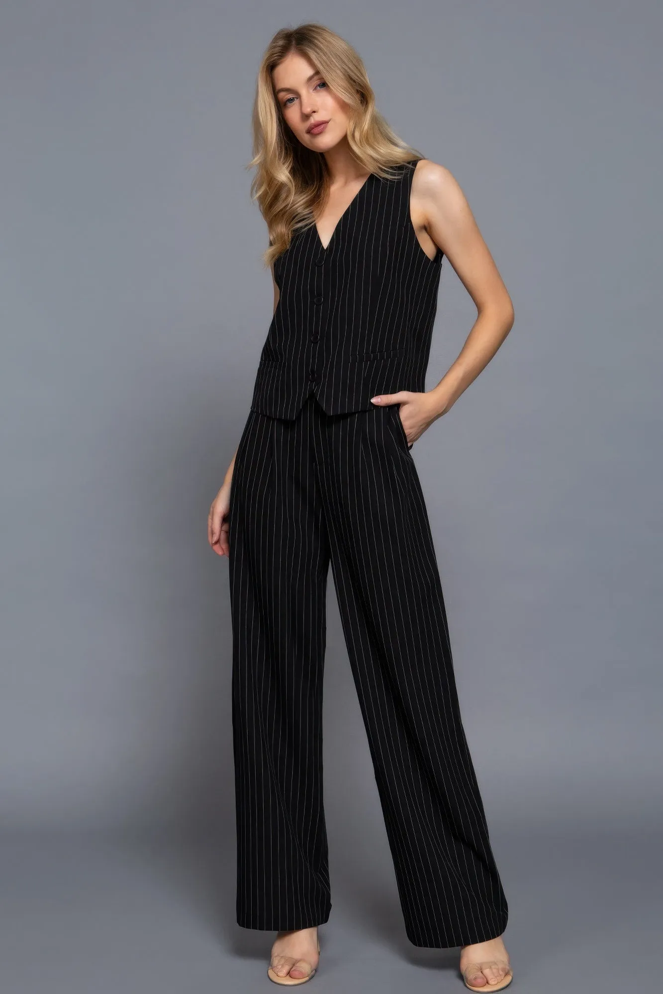 FASHNZFAB Women's V-neckline Pin Stripe Woven Vest