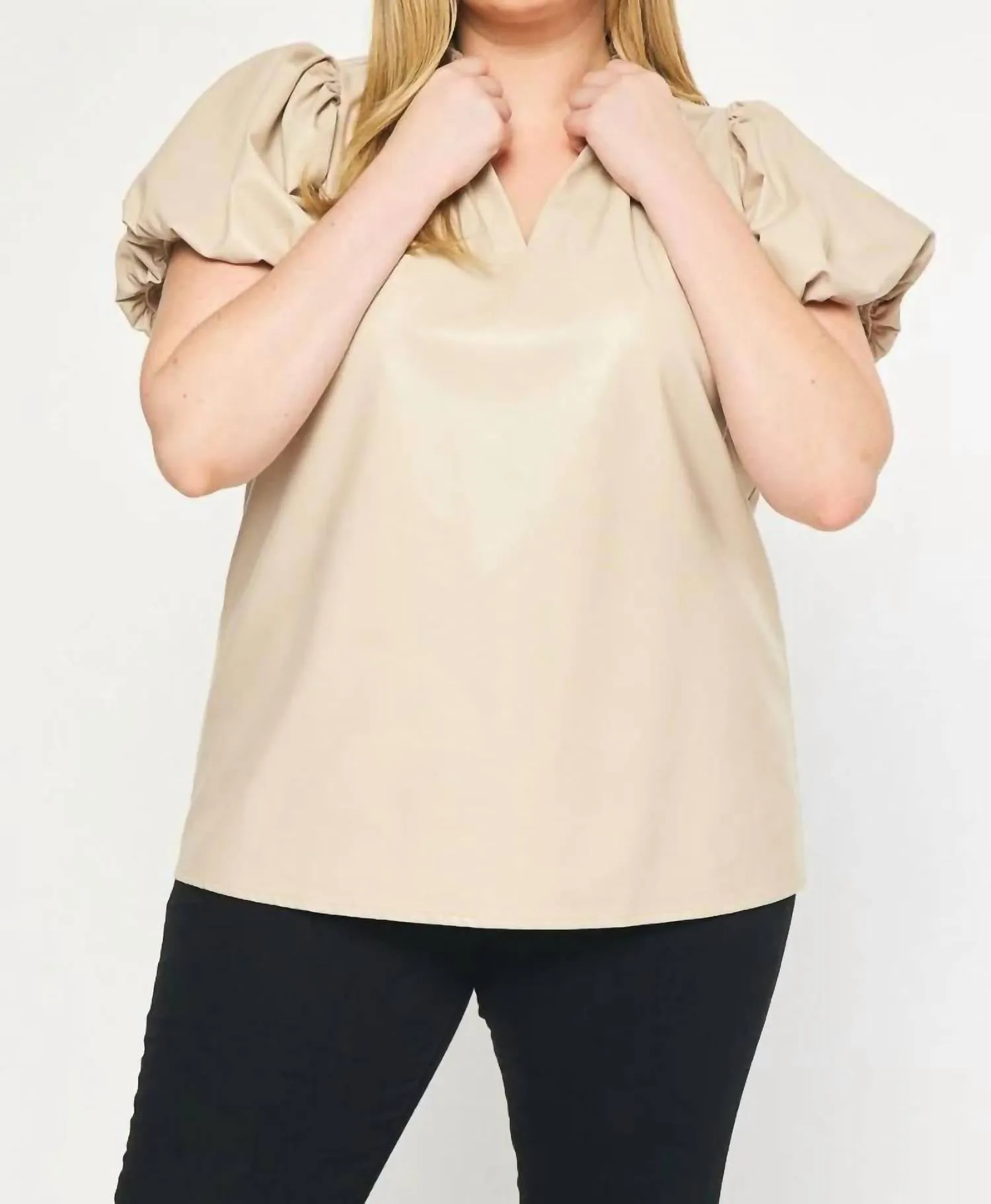 Faux Leather Short Sleeve Top - Plus In Almond