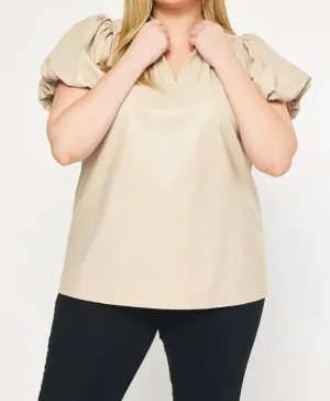 Faux Leather Short Sleeve Top - Plus In Almond