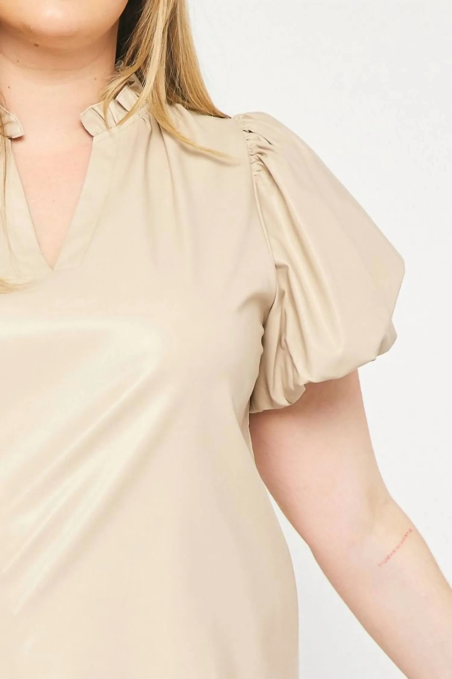 Faux Leather Short Sleeve Top - Plus In Almond