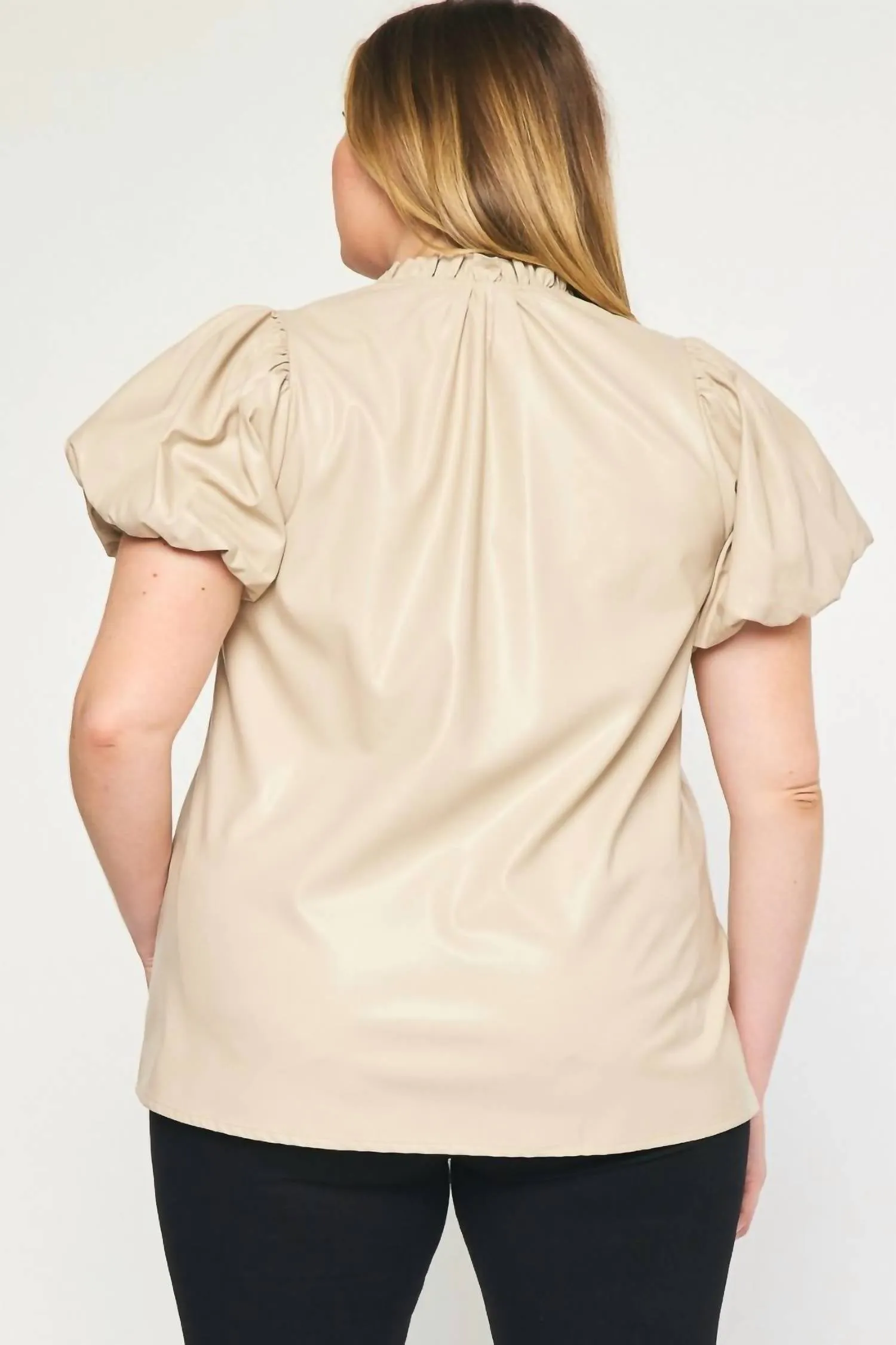 Faux Leather Short Sleeve Top - Plus In Almond