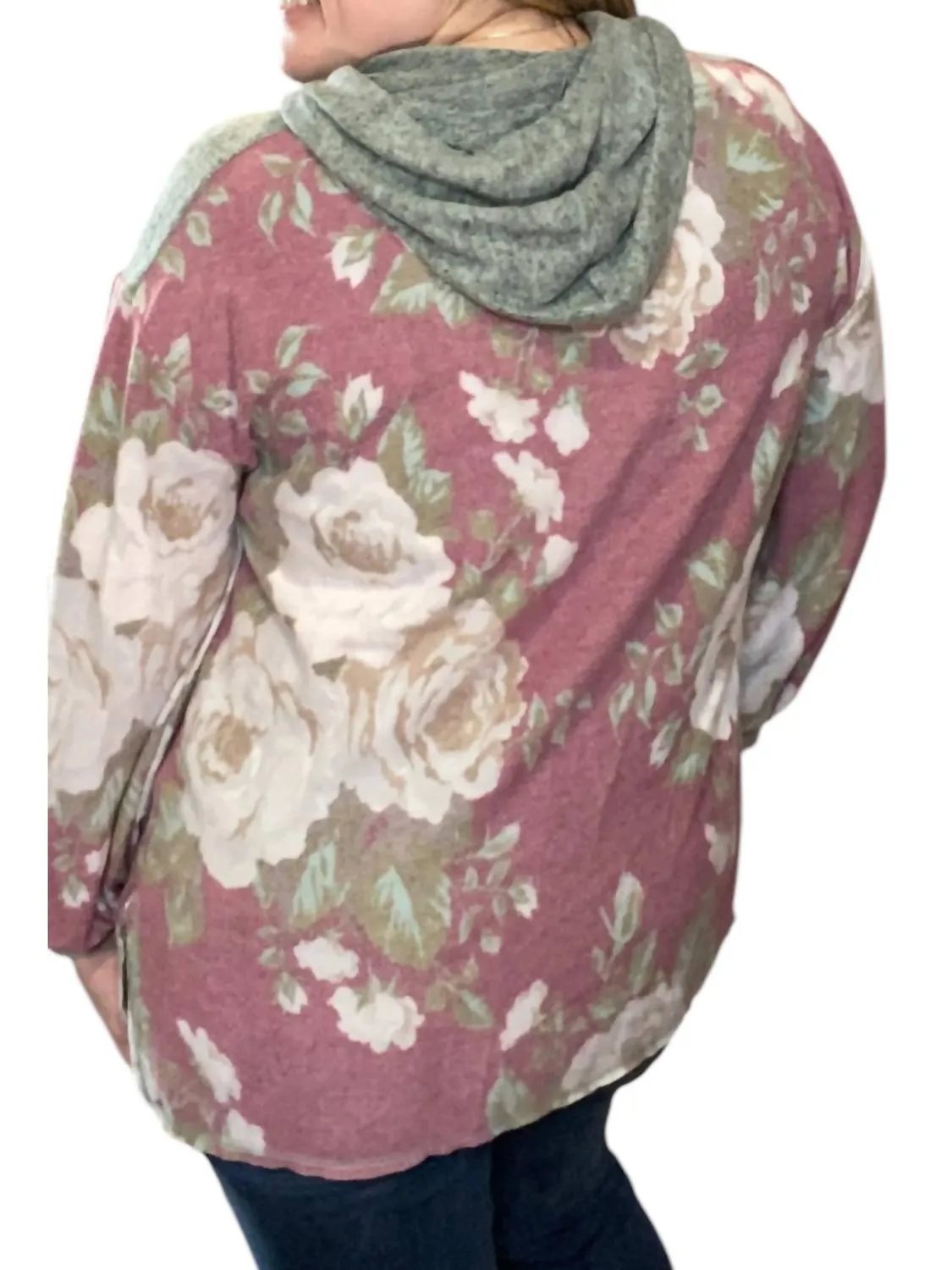 Floral Puff Sleeve Hoodie In Burgundy/grey